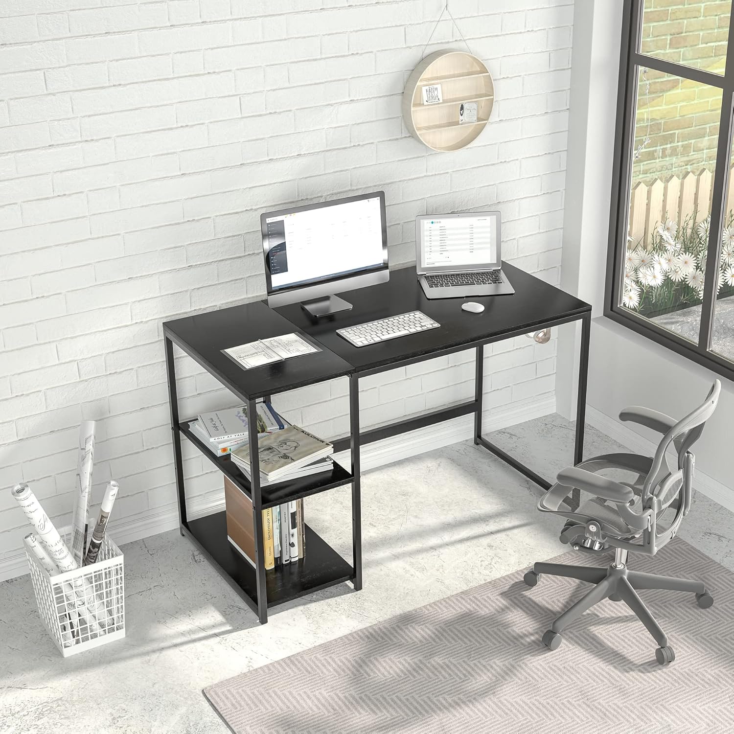 Molblly 47 Inch Computer Desk,Home Office Desk Study Table Study Writing Desk with Wooden Storage Shelf,2-Tier Industrial Morden Laptop Table with Splice Board,Simple Style,Easy Assemble,Black 47