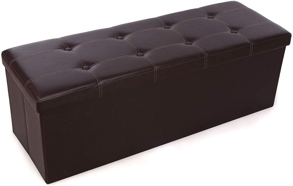 43 Inches Folding Storage Ottoman Bench Bench for Bedroom and Hallway, Bed End Bench with 120L Large Storage Space, Hallway Footrest Window Padded Seat Storage Chest, Faux Leather (Brown) Pack of 2