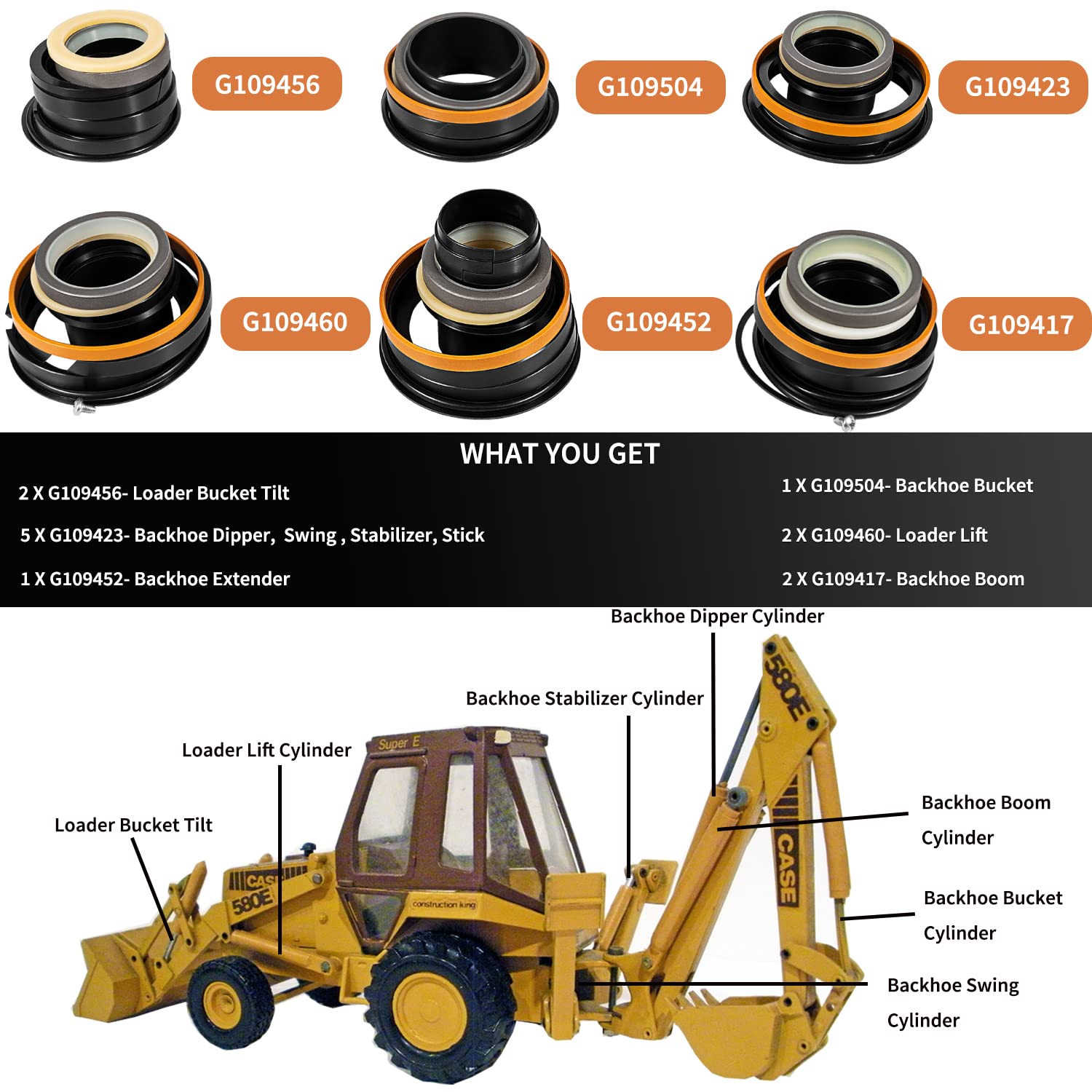 Bzsunway G109456 & G109417 & G109423 & G109452 & G109460 & G109504 Whole Machine Hydraulic Cylinder Seals Kit for Case 580SE, 580 Super E Hydraulic Cylinders