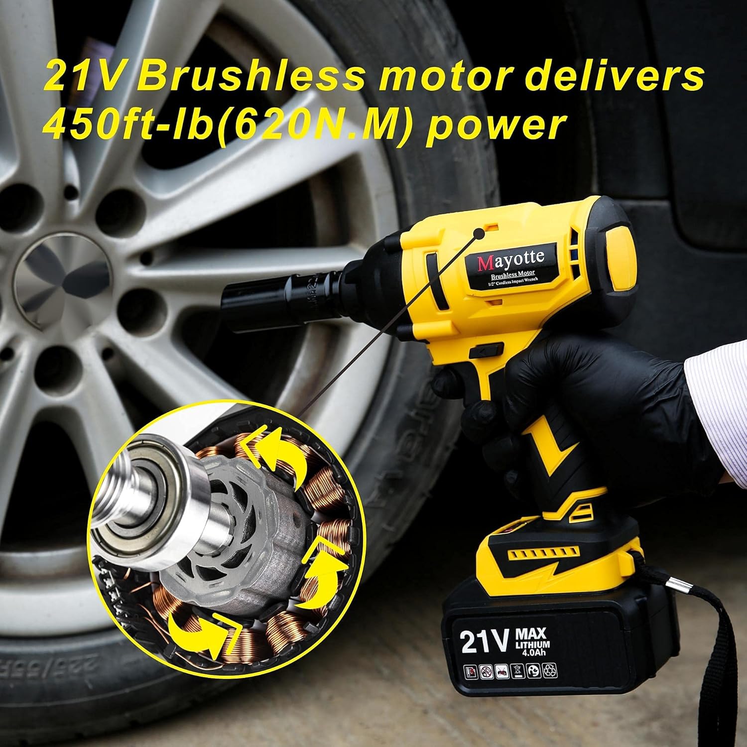 Cordless Impact Wrench 1/2 inch, Mayotte 21V Brushless Compact High Torque Impact Wrench Kit 460 Ft-lbs,4.0A Li-ion Battery, 4 Sockets,Fast Charger and Toolbox,For car repair