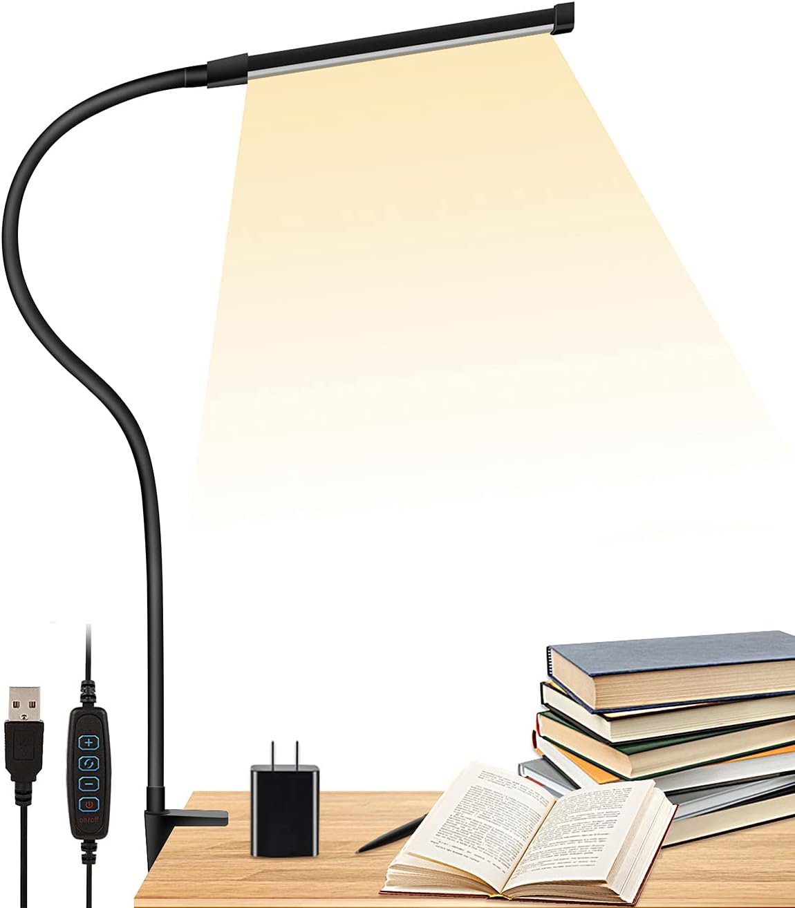 LED Desk Lamp with Clamp, LIBORA Eye-Caring Reading Light with USB Adapter, 3 Modes 10 Brightness, Long Flexible Gooseneck, Architect Task Lamp, Memory Function, Clip on Lamps for Home Office, Black