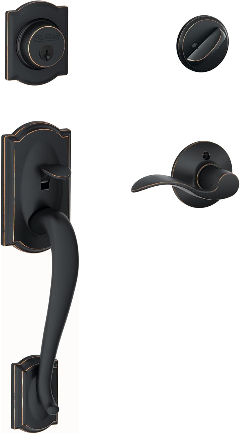 Schlage F60 V CAM 716 ACC Camelot Front Entry Handleset with Accent Lever, Deadbolt Keyed 1 Side, Aged Bronze