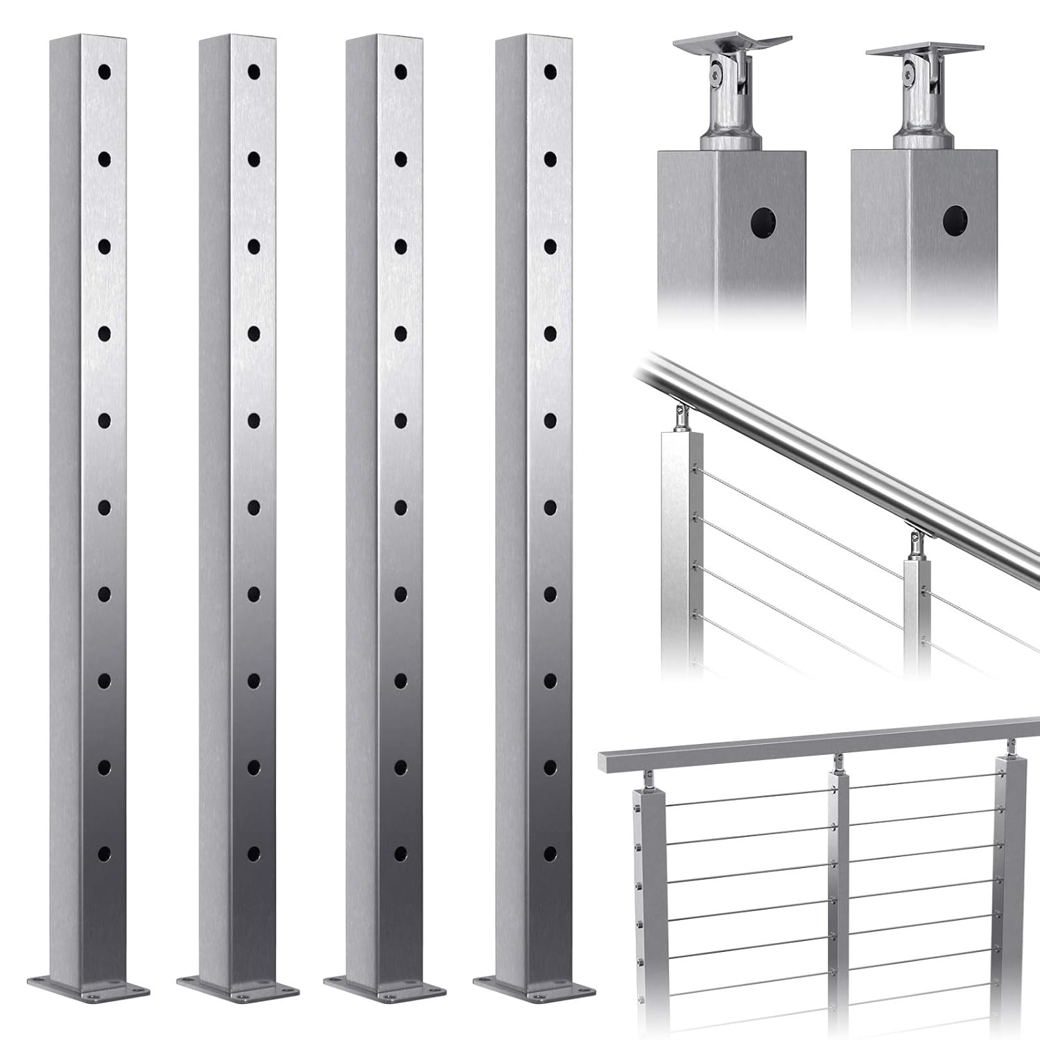 Muzata 4Pack Cable Railing Post Square Weldless Flat top 36''x2''x2'' Stainless Steel Brushed Pre-Drilled Posts Wood Concrete Surface Mount Deck Balustrade Invisible PS01 LH4S, PT1 PT2 PT6