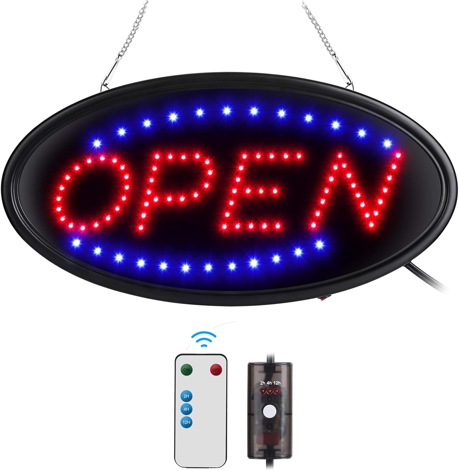 LED Open Sign with Remote, 19x10inches Ultra Bright Electric Light Up Signs for Business, Timing Function, 2 Lighting Modes Flashing & Steady, Advertisement Board for Store, Bar, Hotel, Cafe Pack of 2