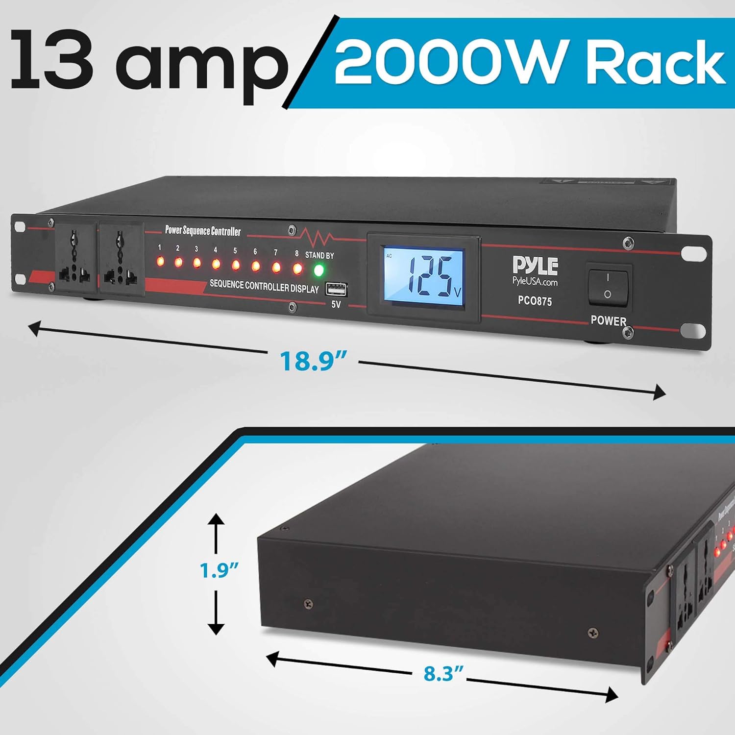 10 Outlet Power Sequencer Conditioner - 13 Amp 2000W Rack Mount Pro Audio Digital Power Supply Controller Regulator w/Voltage Readout, Surge Protector, for Home Theater Stage/Studio Use - Pyle PCO875 Pack of 2