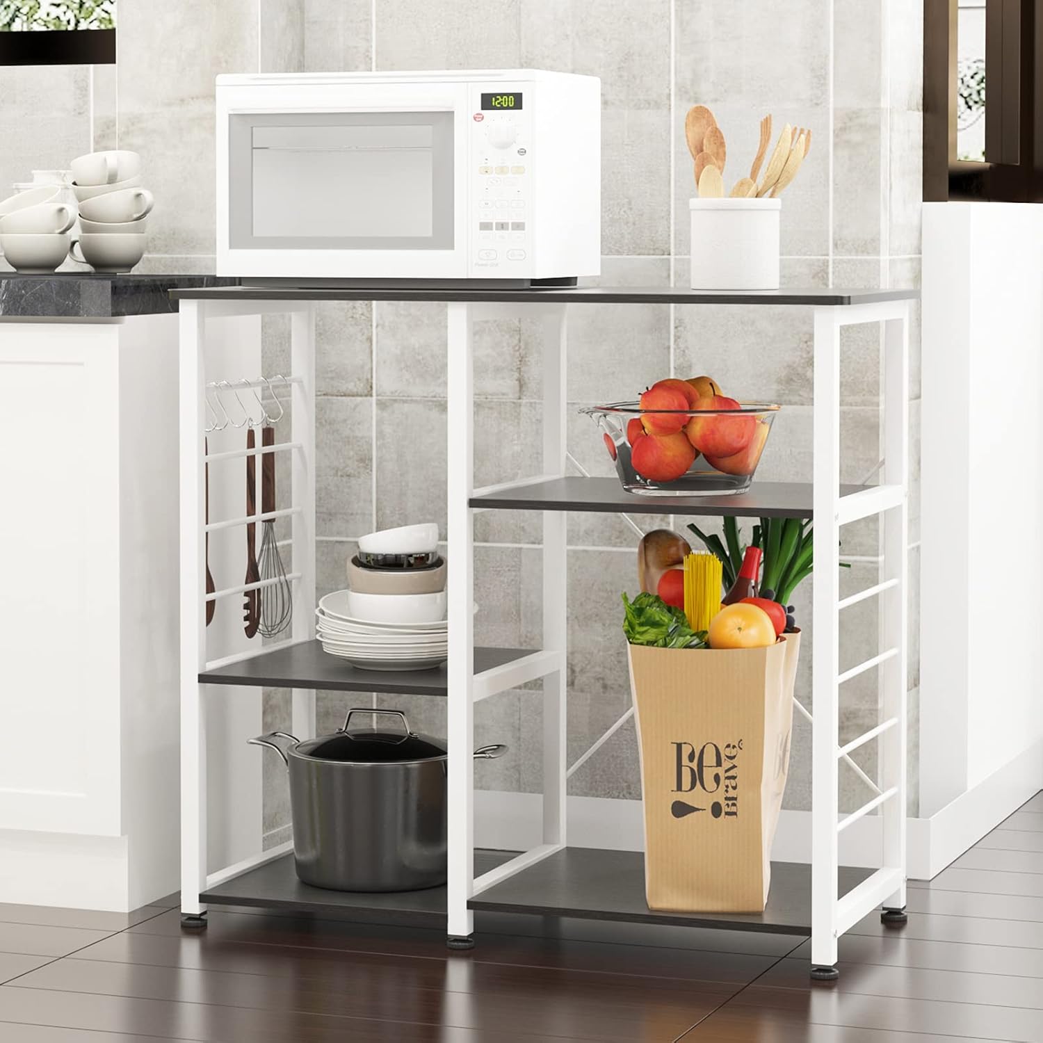 sogesfurniture Kitchen Baker's Rack, Utility Microwave Oven Stand 3-Tier+3-Tier Storage Workstation Shelf,5 Hooks,35.4 x 15.4 x 32.7inch, BHUS-171-BK(Black Brown)