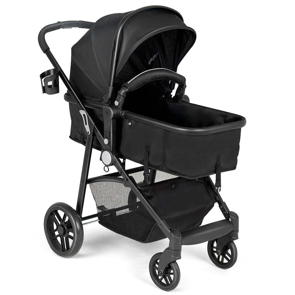 BABY JOY Convertible Baby Stroller, 2 in 1 Carriage Bassinet to Stroller, Pushchair with Foot Cover, Cup Holder, Large Storage Space, Wheels Suspension, 5-Point Harness (Black)