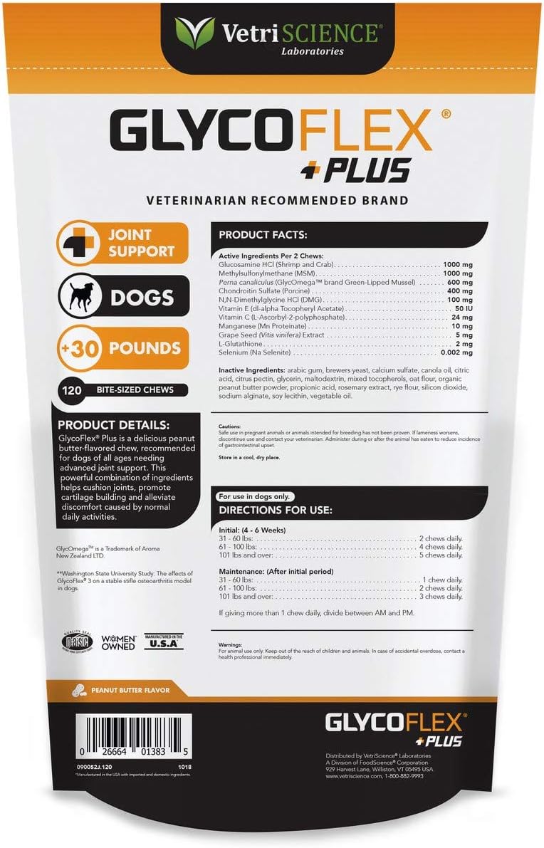 VetriScience Laboratories GlycoFlex PLUS, Clinically Proven Hip and Joint Supplement for Dogs with Chondroitin, Perna, MSM and Glucosamine. 120 Bite Size Chews now in 3 Zesty Flavors Pack of 2