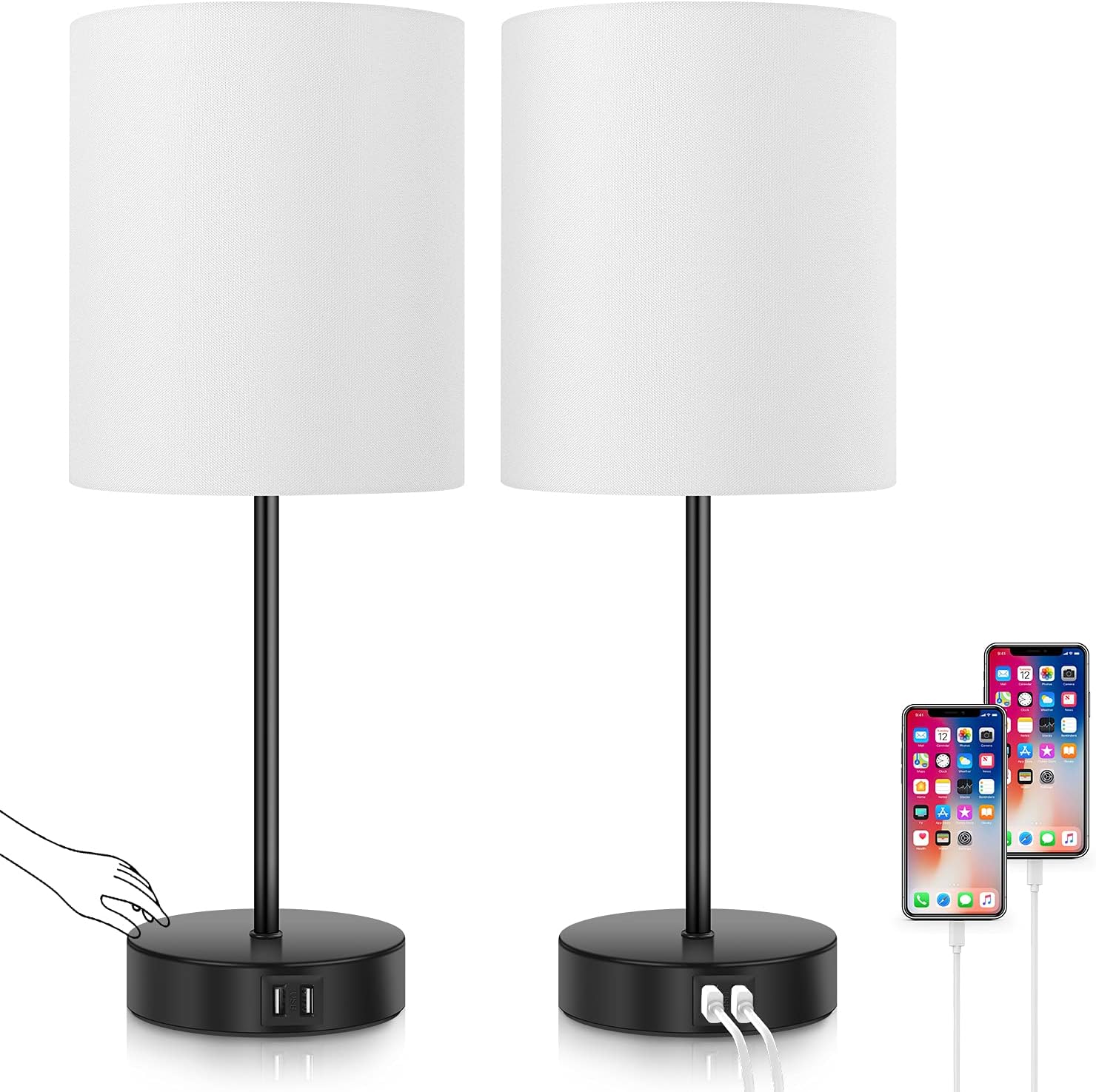 Set of 2 Touch Control Table Lamps Dimmable Desk Lamp with 2 USB Ports & AC Outlet Modern Beside Nightstand Lamp w/ White Fabric Shade Reading Lamp for Bedroom Living Room Office, Bulbs Included