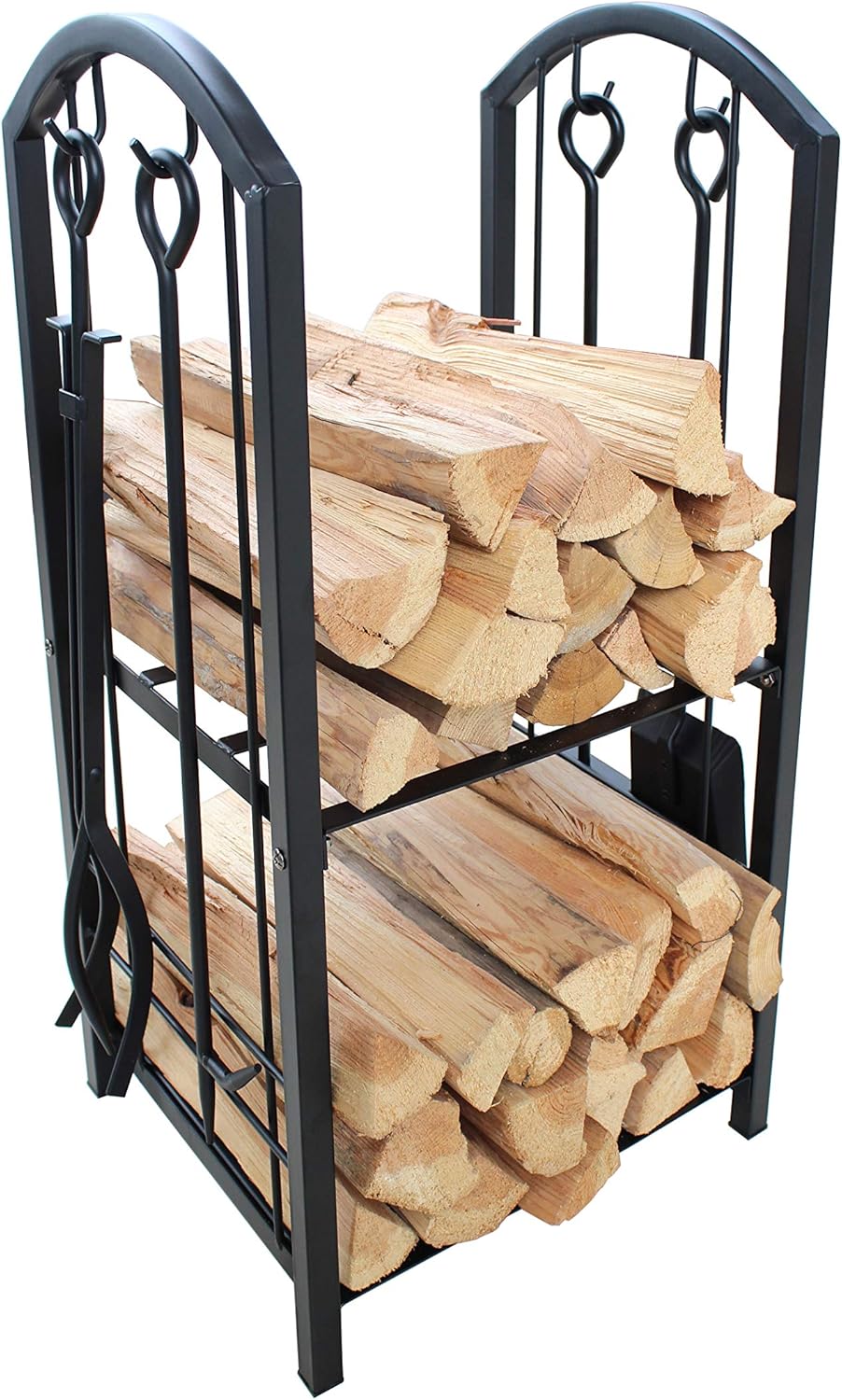 Everflying Fireplace Log Rack with 4 Tools Indoor Outdoor Fireside Firewood Holders Lumber Storage Stacking Black Wrought Iron Logs Bin Holder for Fireplace Tool