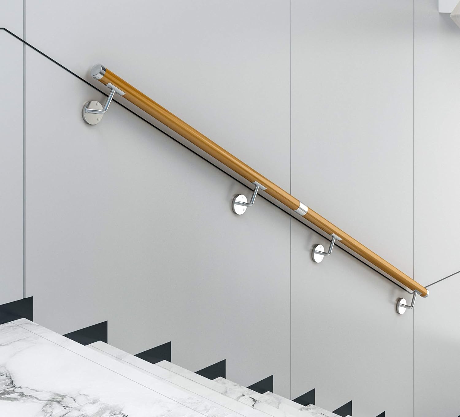 DIYHD 8FT Modern Wooden Yellow Color PVC Handrail with 4pcs Rail Brackets Wall Mount Staircase Handrail Pack of 2