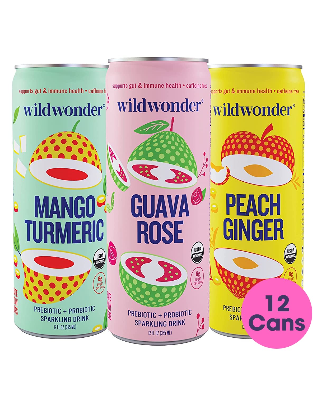 Wildwonder Sparkling Probiotic Juice Drink w/ Gut Health Immunity & Digestion Support, w/ 5g Fiber & Live Probiotics, Caffeine Free, Organic, Vegan, Low Sugar & Calorie, 12pk 12oz Cans, Variety Pack Pack of 2