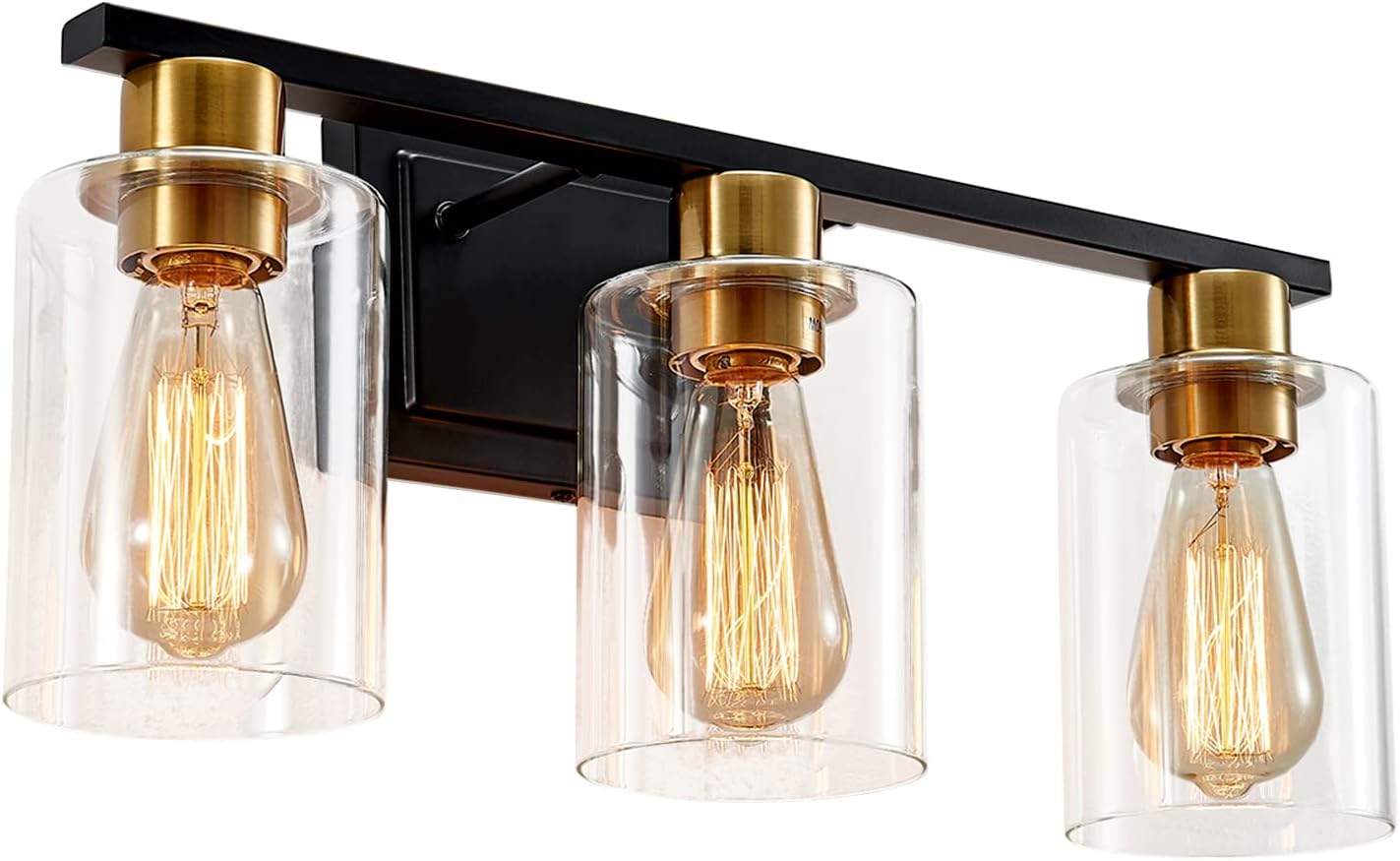 Black Gold Bathroom Light Fixtures, 3 Light Vanity Light, Farmhouse Wall Sconces with Clear Glass Shade, Brushed Brass Wall Sconce Lighting, Vanity Lights for Bathroom, Living Room, Bedroom, Hallway