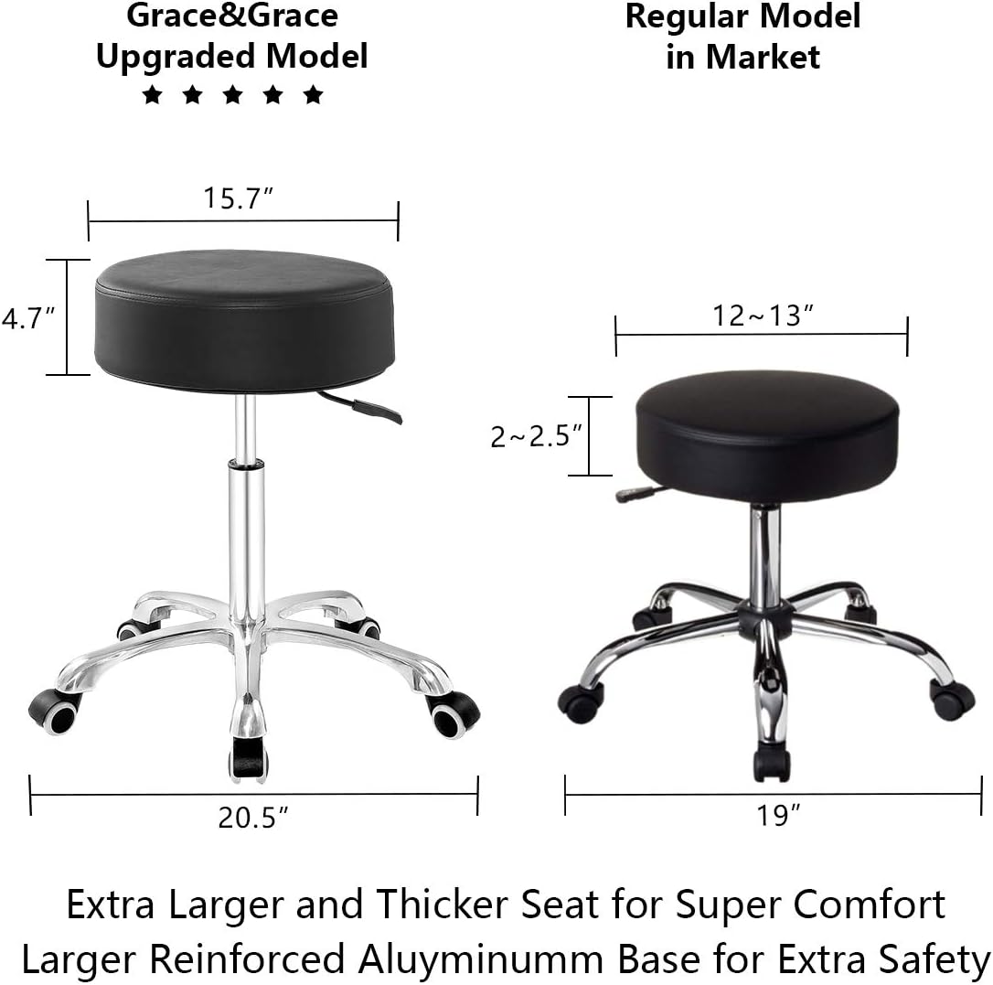 Grace & Grace Height Adjustable Swivel Stool with Extra Large and Extra Thick Seat for Ultimate Comfort for Salon, Tattoo, Studio, Shop, Kitchen (Black, Classic Flat)