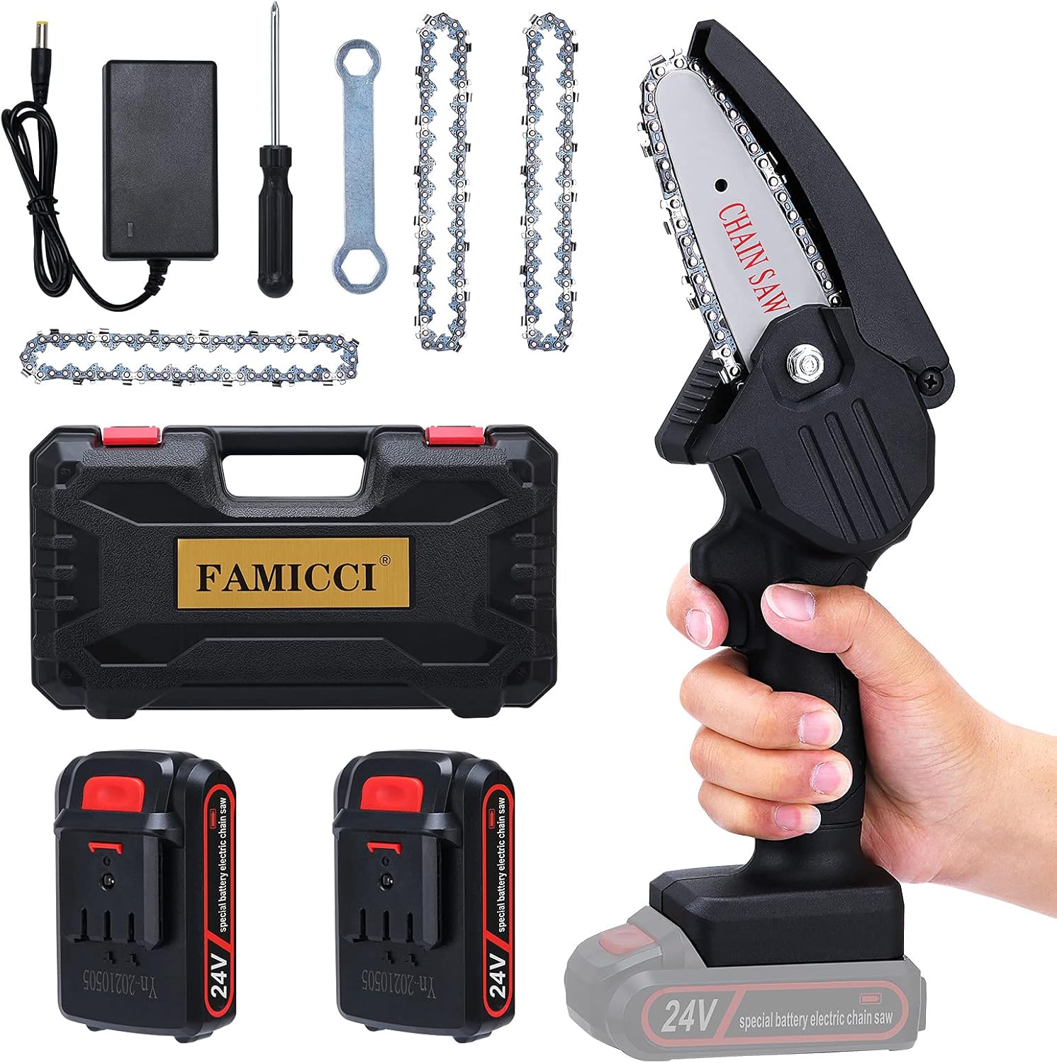 Mini Chainsaw Cordless, FAMICCI 4-Inch Battery Chainsaw, Small Electric saw, Rechargeable Portable one-Hand Power Chain Saws For Tree Trimming/Wood Cutting/Branch Pruning (24v 2 Batteries + 3 Chains) Pack of 2