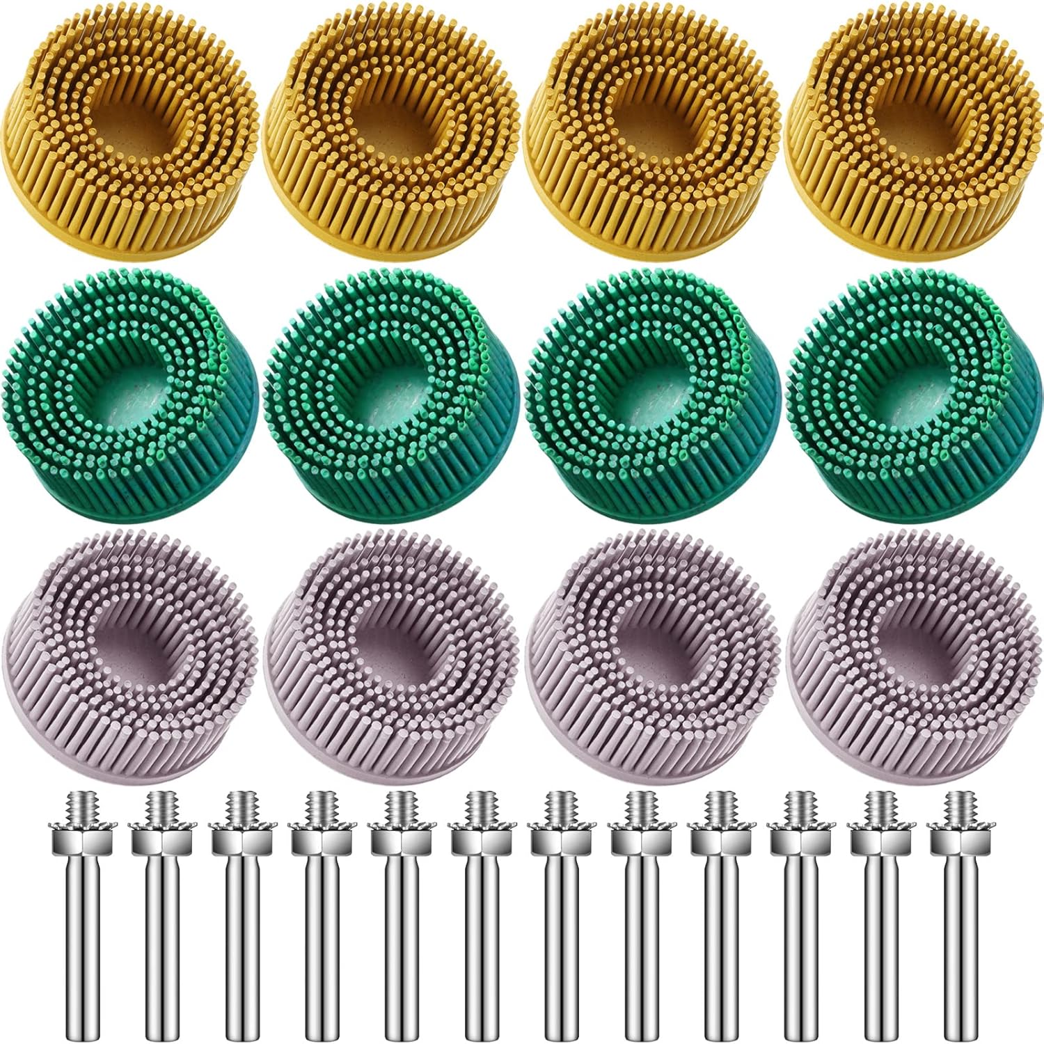 12 Pieces 2 Inch Bristle Disc Grits, 120# 80# 50# Abrasive Bristle Disc with 1/4 Inch Shank Attachment, White Green Yellow Gasket Coating Removal Disc for Metal Pack of 2