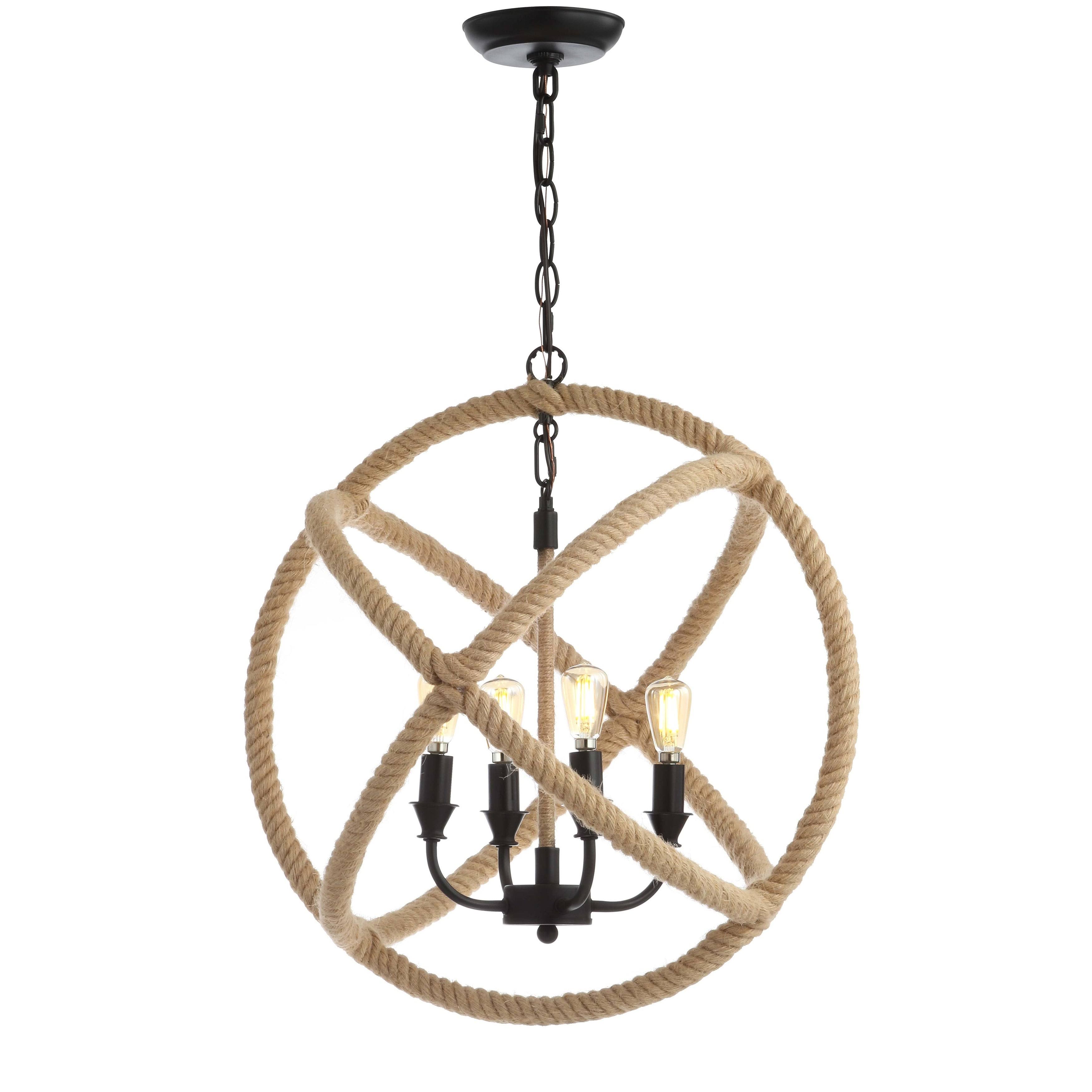 Jonathan Y Soka 4-Light 20 in. Black/Brown Adjustable Globe Metal/Rope LED Chandelier