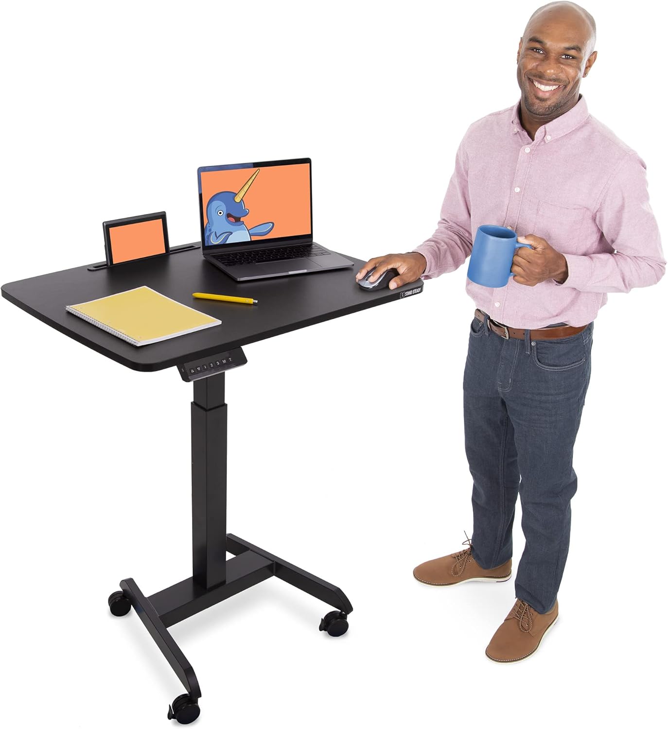 Stand Steady Cruizer Electric Extra Large Mobile Podium | 31in Portable Standing Desk | Height Adjustable Computer Cart with Locking Wheels | Rolling Laptop Stand with Memory Height Settings (Black)
