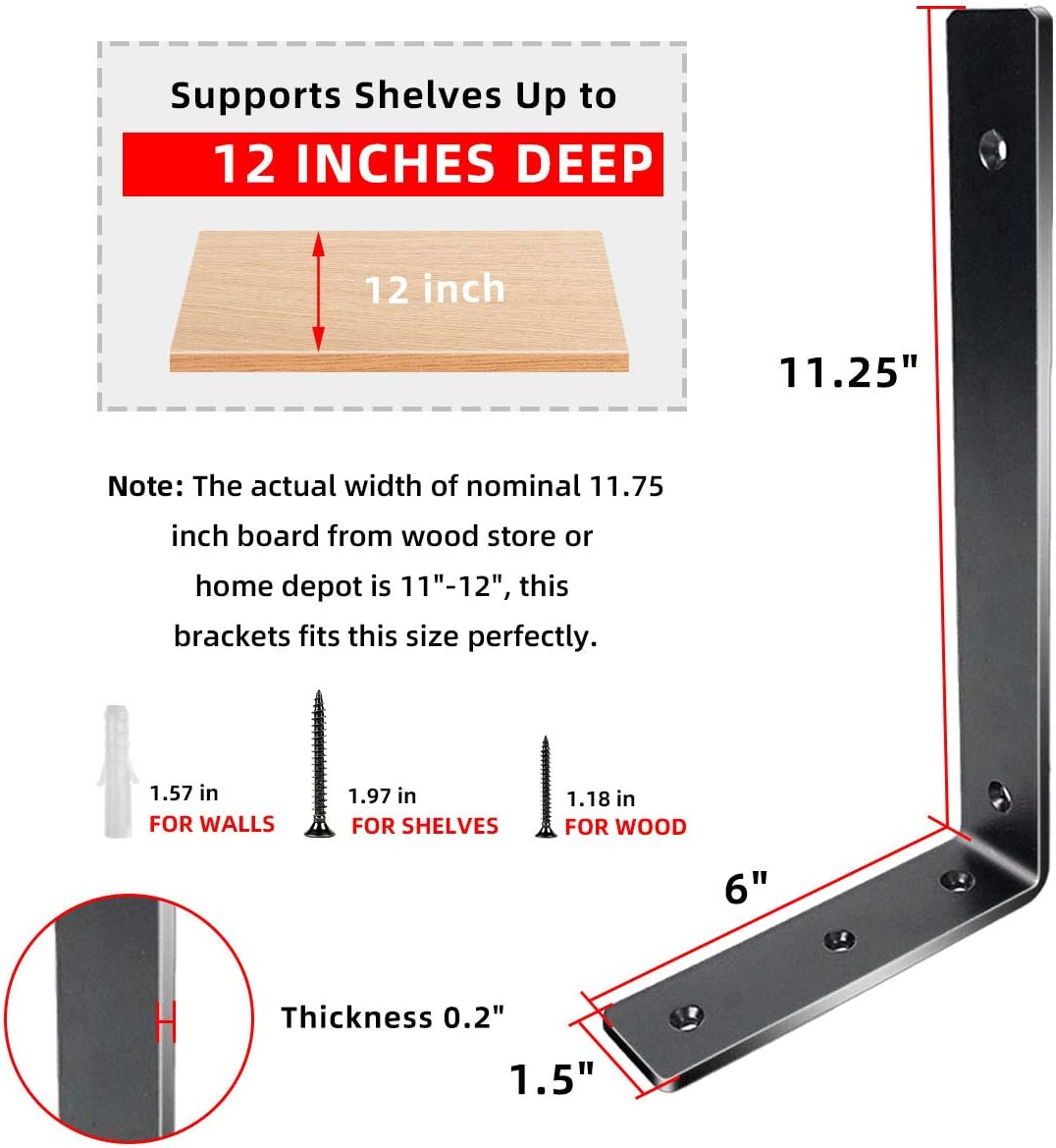 Black Shelf Brackets 12 Inch Heavy Duty Metal Shelf Supports Holders, Rustic Decorative Iron L Angle Brackets for Shelves Wall Mounted (6 Pack) Pack of 2