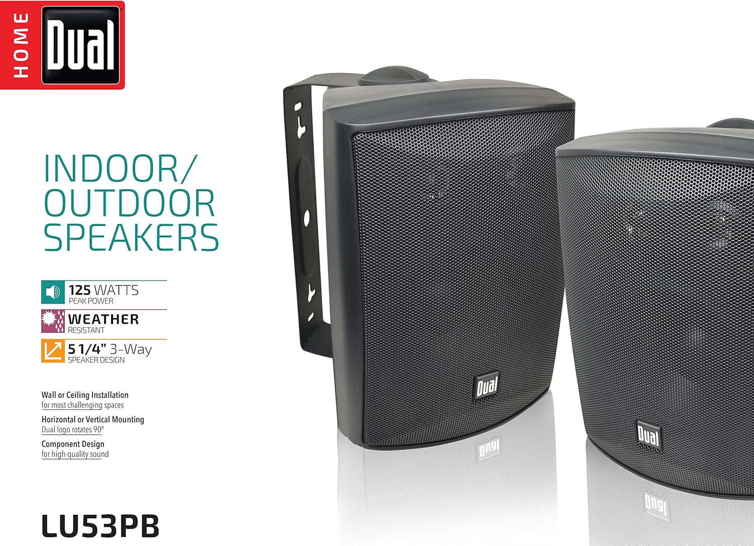 Dual Electronics LU53PB 3-Way High Performance Outdoor Indoor Speakers with Powerful Bass | Effortless Mounting Swivel Brackets | All Weather Resistance | Expansive Stereo Sound Coverage | Sold in Pairs