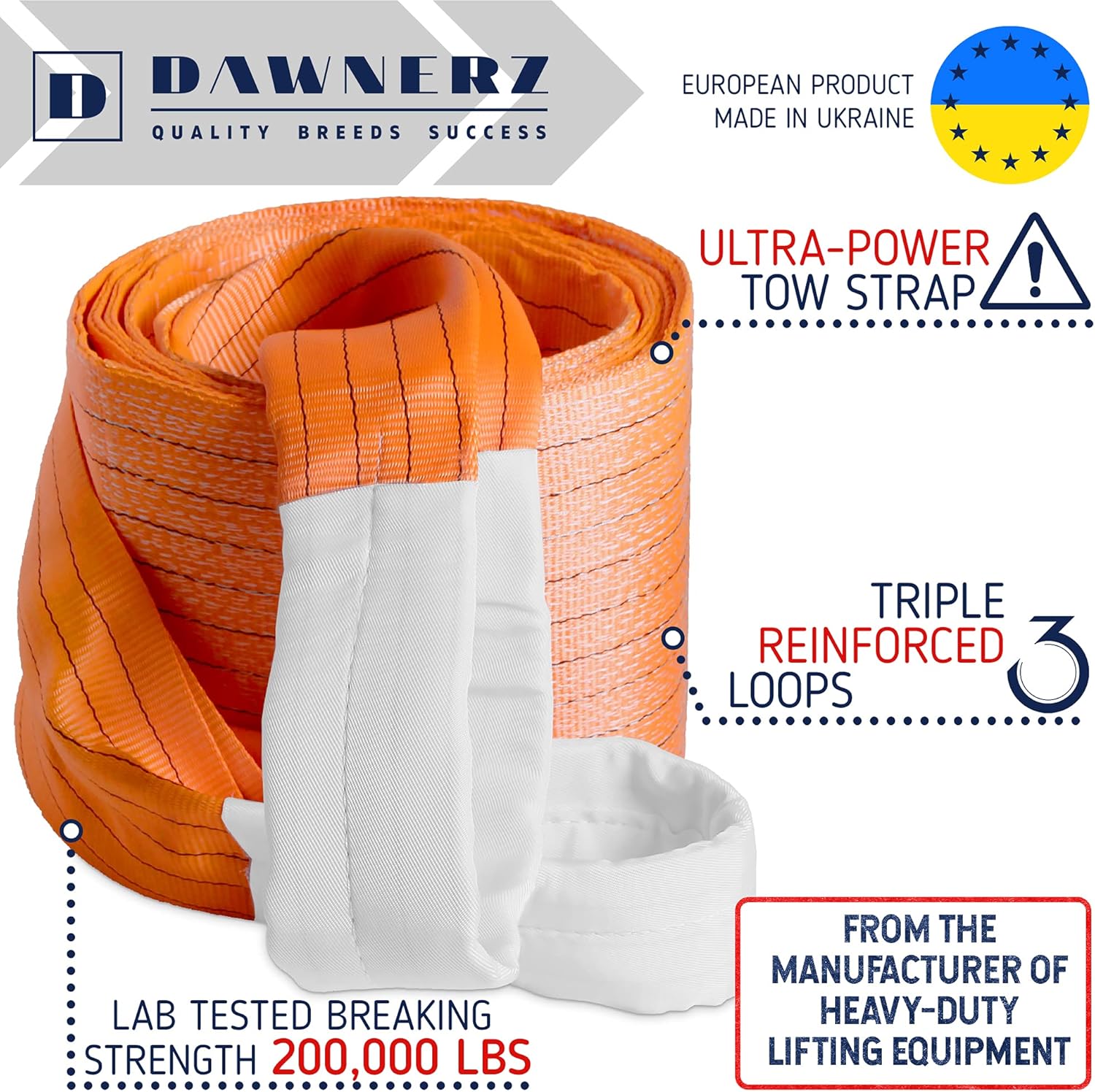 Tow Strap Heavy Duty 20 ft 200000 lbs - Dawnerz Towing Rope 6 m 100 US Tons for Truck Bus and Tractor