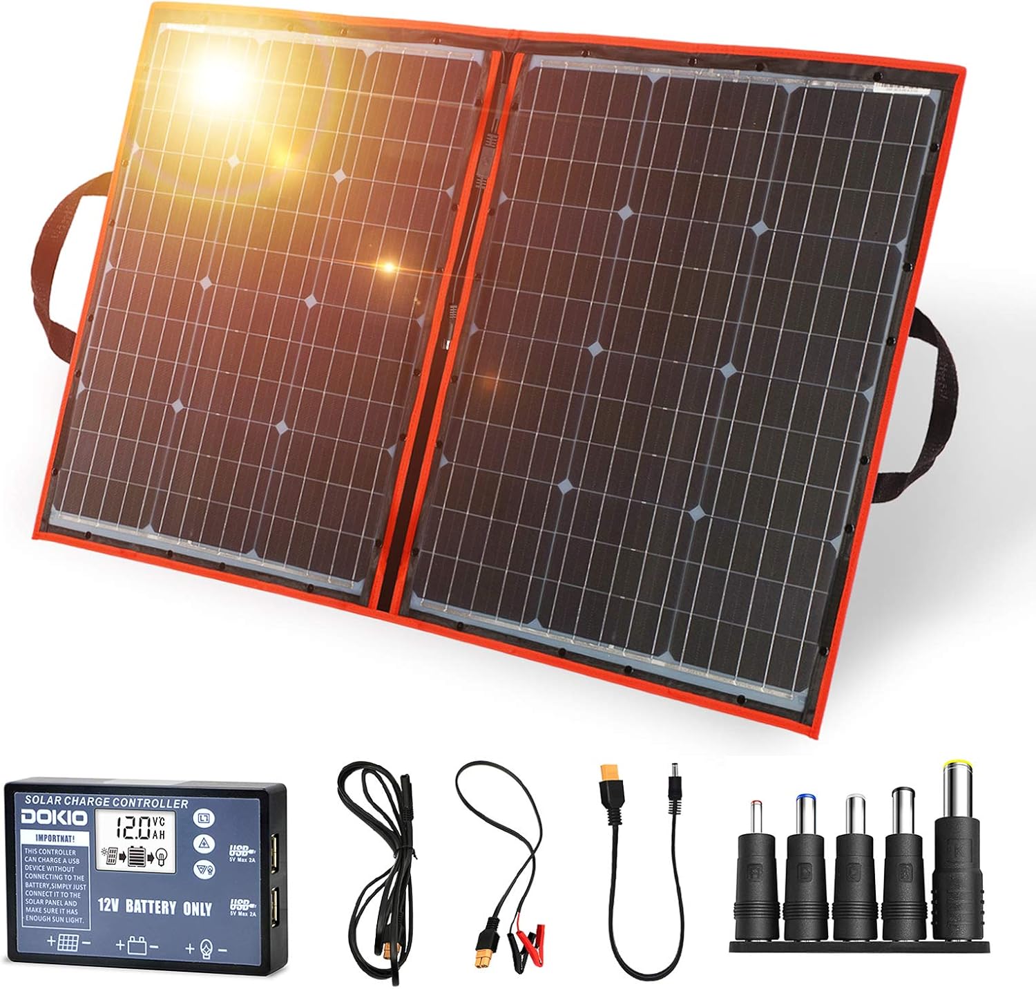 DOKIO 110W 18V Portable Foldable Solar Panel Kit Lightweight(6lb,29x21inch) with Controller (2 USB Output Ports) to Charge Power Stations/12v Batteries (AGM Lifepo4 Jackery) RV Camping Marine