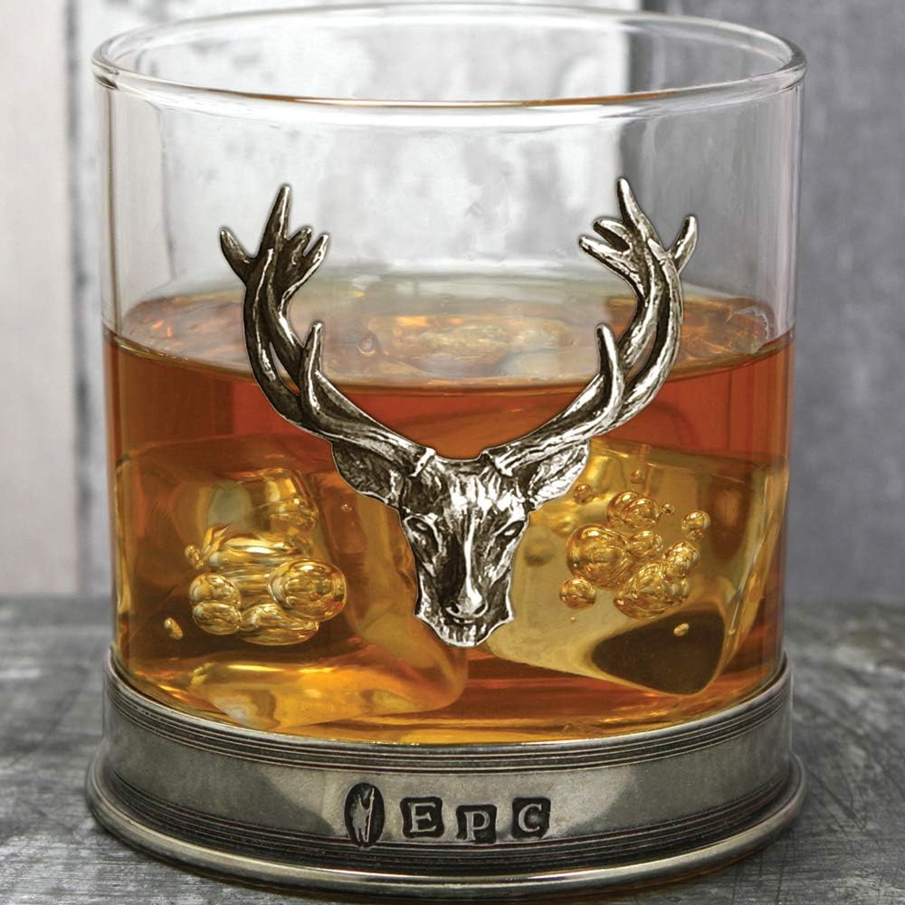 English Pewter Company 11oz Old Fashioned Whisky Rocks Glass Set With Pewter Stag Deer Head and Base [STAG105] Pack of 2