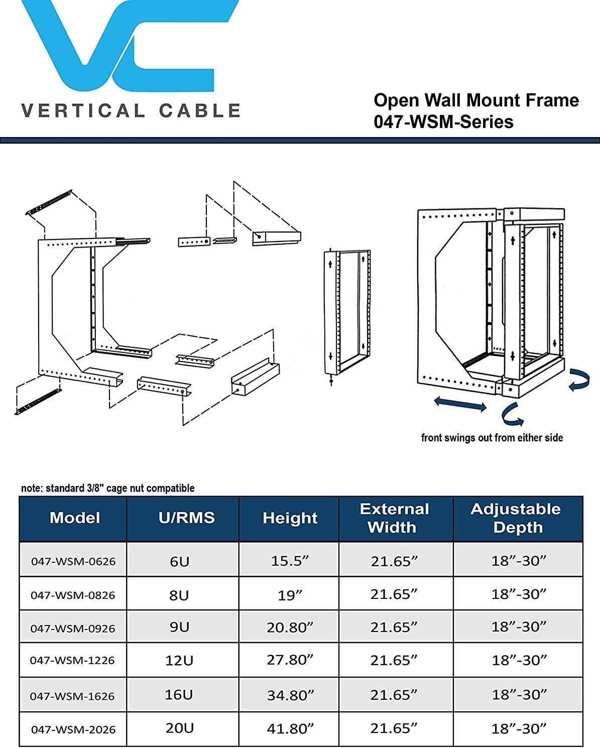 6U Open Wall Mount Frame Rack with Hinge - Adjustable Depth 18