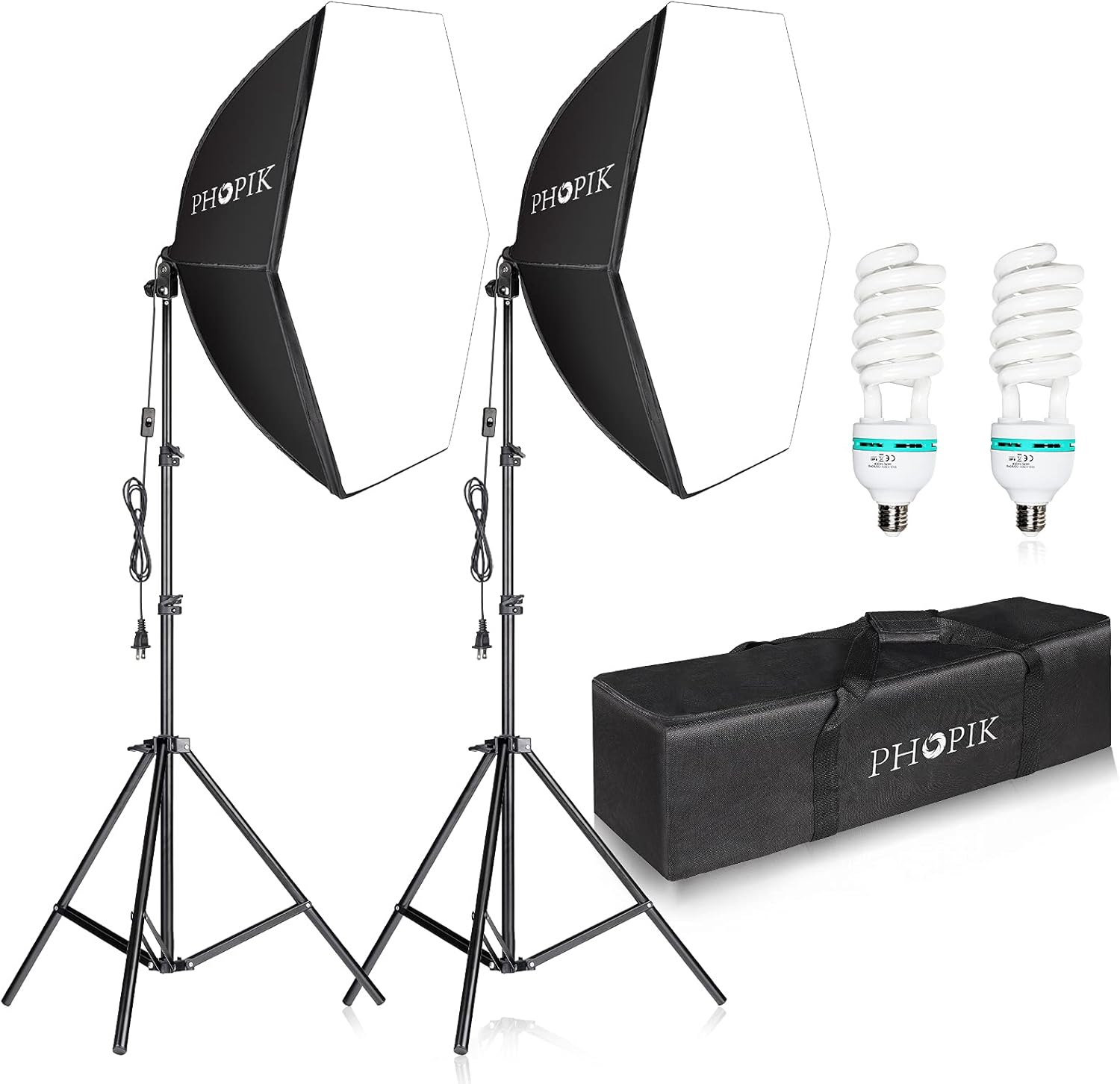 PHOPIK Softbox Photography Lighting Kit: Photo Studio Equipment 30 x 30 inches with E27 85W 5400K Light Bulb and Adjustable Height Light Stand for Filming Video, Photo Shooting and Streaming Pack of 2