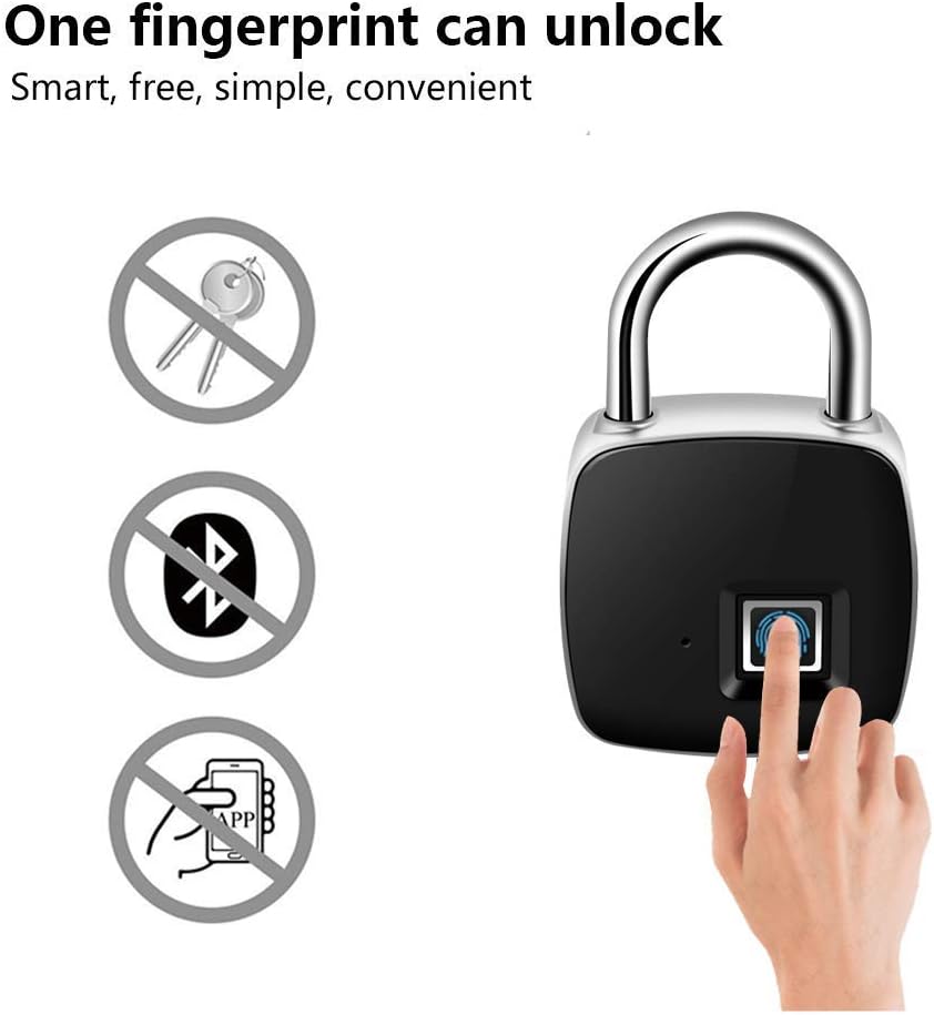 Fingerprint Padlock, Smart Keyless Lock with Finger Print Recognition Security Touch Anti-Theft Padlock ,IP65 Waterproof for Gym Locker, Suitcase, Cabinet Box - Black