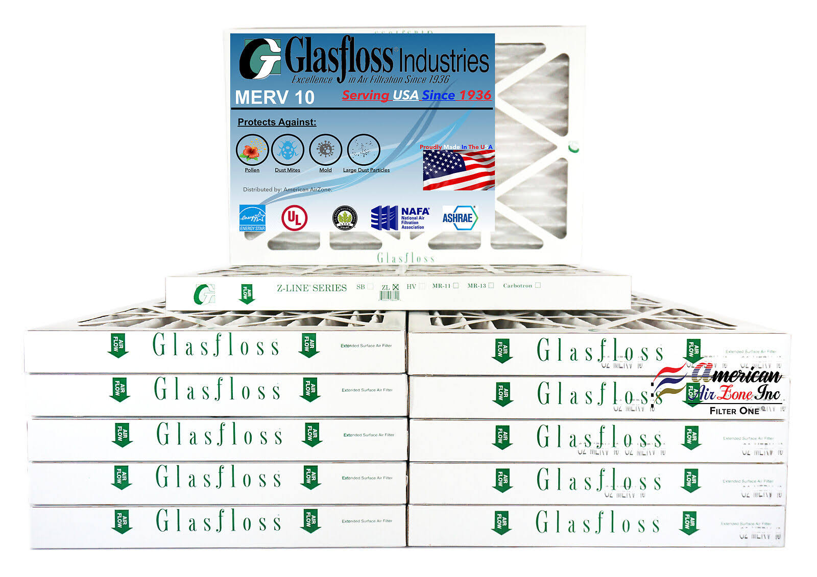 Glasfloss 16x25x2, 2x22 MERV 10 Pleated AC Air Furnace Filter(Qty: 12) Made in USA