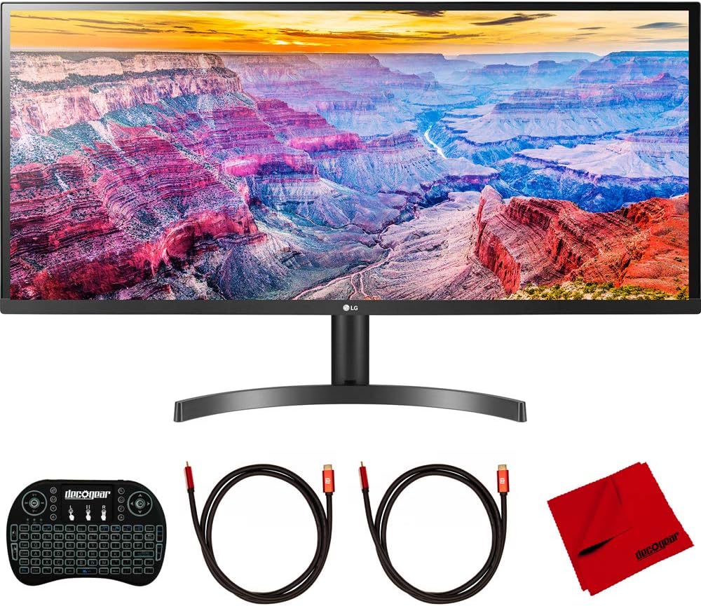 LG 34WL600-B 34 inch UltraWide IPS FreeSync LED Monitor 2560 x 1080 21:9 Bundle with Deco Gear 2.4GHz Wireless Backlit Keyboard, 2X 6FT Universal 4K HDMI 2.0 Cable and Cleaning Cloth