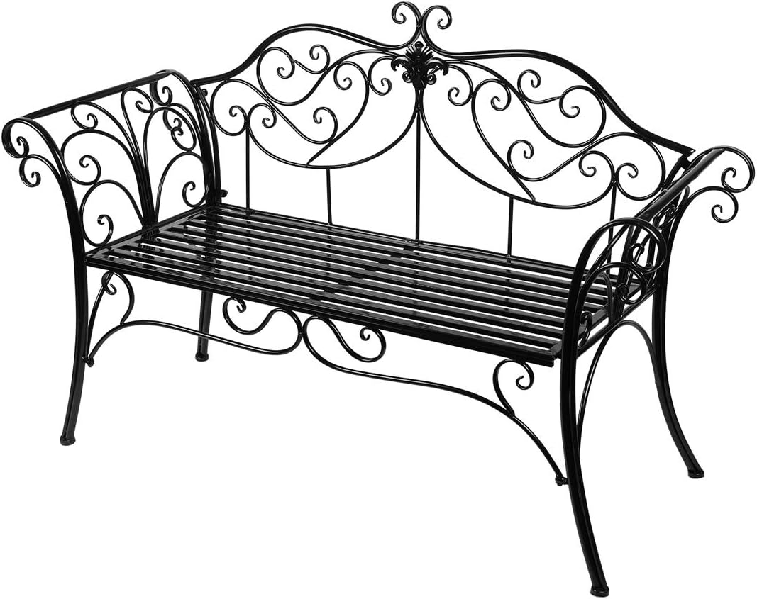 Antique Metal Garden Bench Chair 2 Seater for Garden, Yard, Patio, Porch and Sunroom (Black)