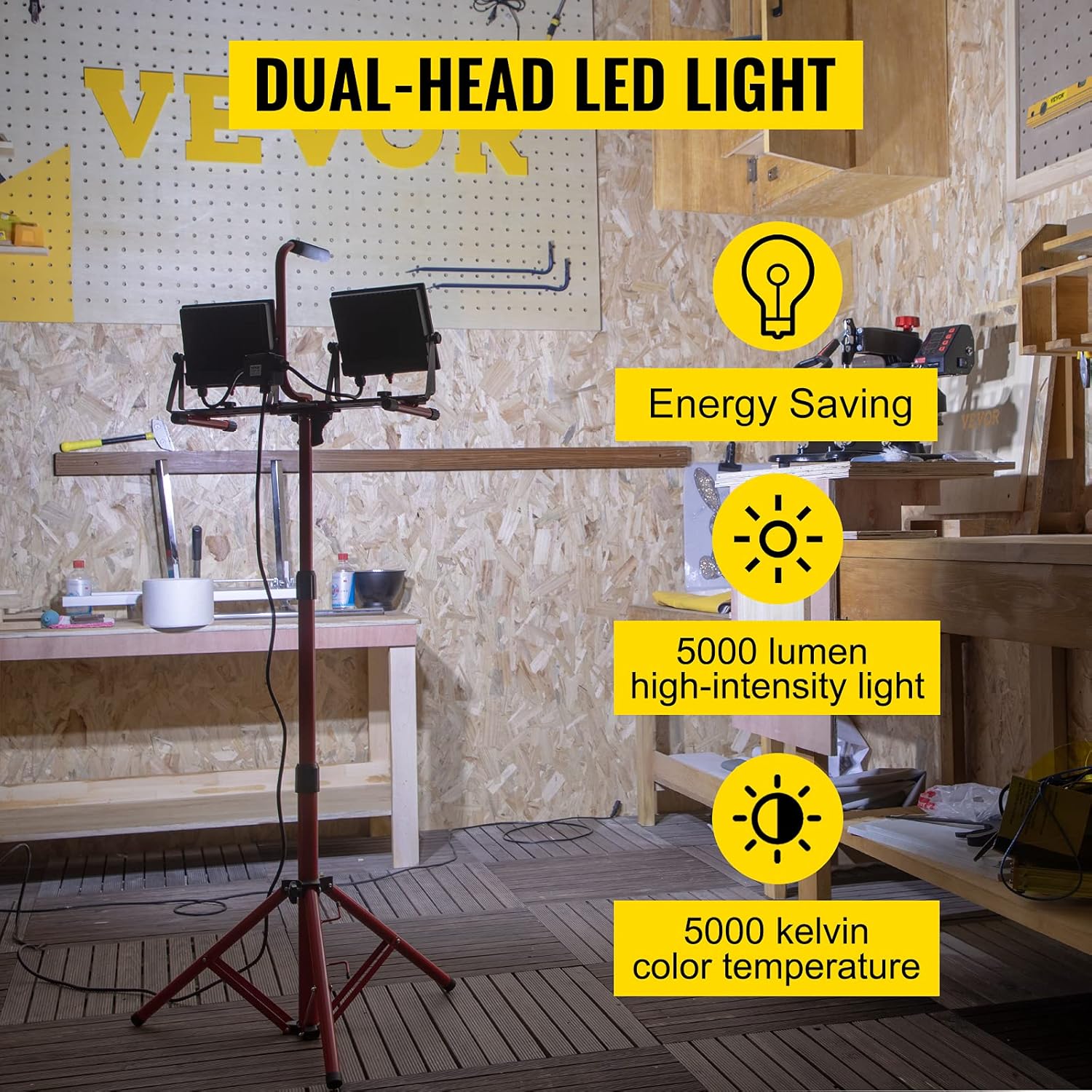 VEVOR LED Work Light with Stand, 5000 Lumen Dual-head LED Work Light with 27.6