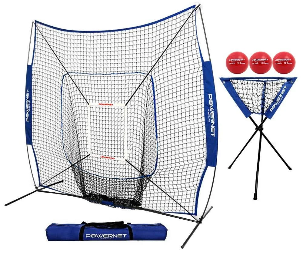 Powernet DLX Combo 6 Piece Set for Baseball Softball 7x7 Practice Net Bundle w/Strike Zone, Ball Caddy + 3 Weighted Training Bal