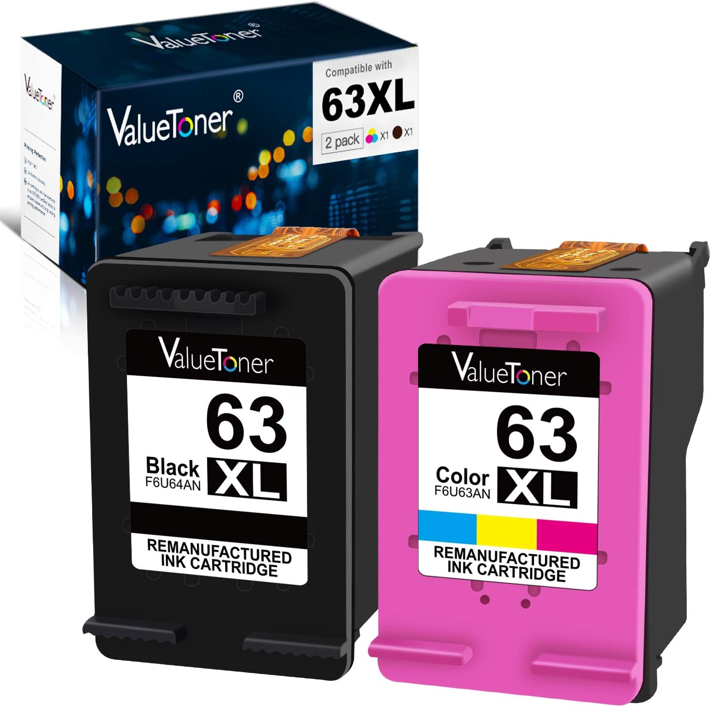Valuetoner Remanufactured Ink Cartridge Replacement for HP 63 XL 63XL to use with Envy 4520 4512 4516 Officejet 5252 5255 5258 4650 3830 3833 4655 Deskjet 1112 2132 3630 3632 3634 (1 Black, 1 Color) Pack of 2