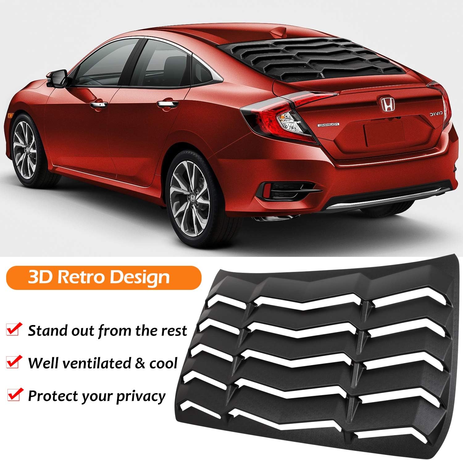 Bonbo Rear + Side Window Louver Windshield Sun Shade Cover ABS Fits for Honda Civic Sedan 4 Door 2016-2020 in GT Lambo Style Custom Fit (Matte Black)