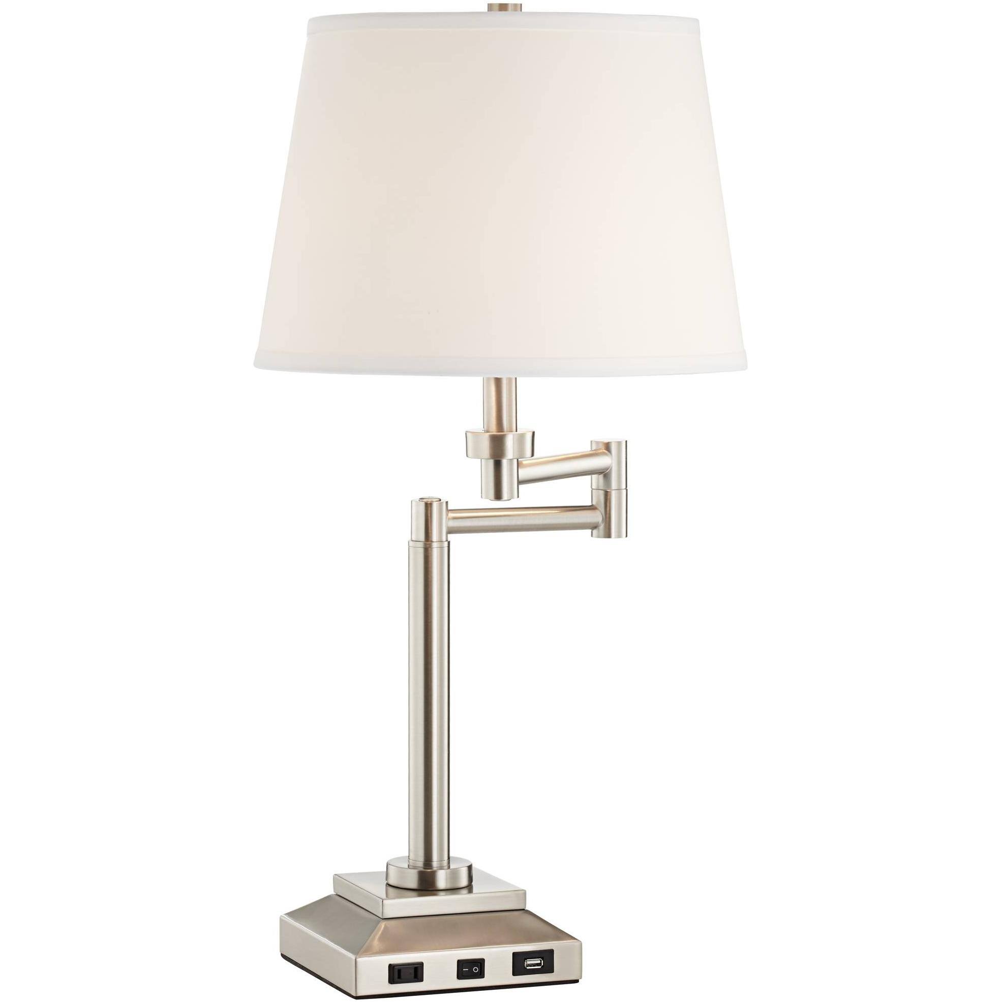 360 Lighting Camber Modern Desk Table Lamp Swing Arm with Hotel Style USB and AC Power Outlet in Base Brushed Steel Linen Shade