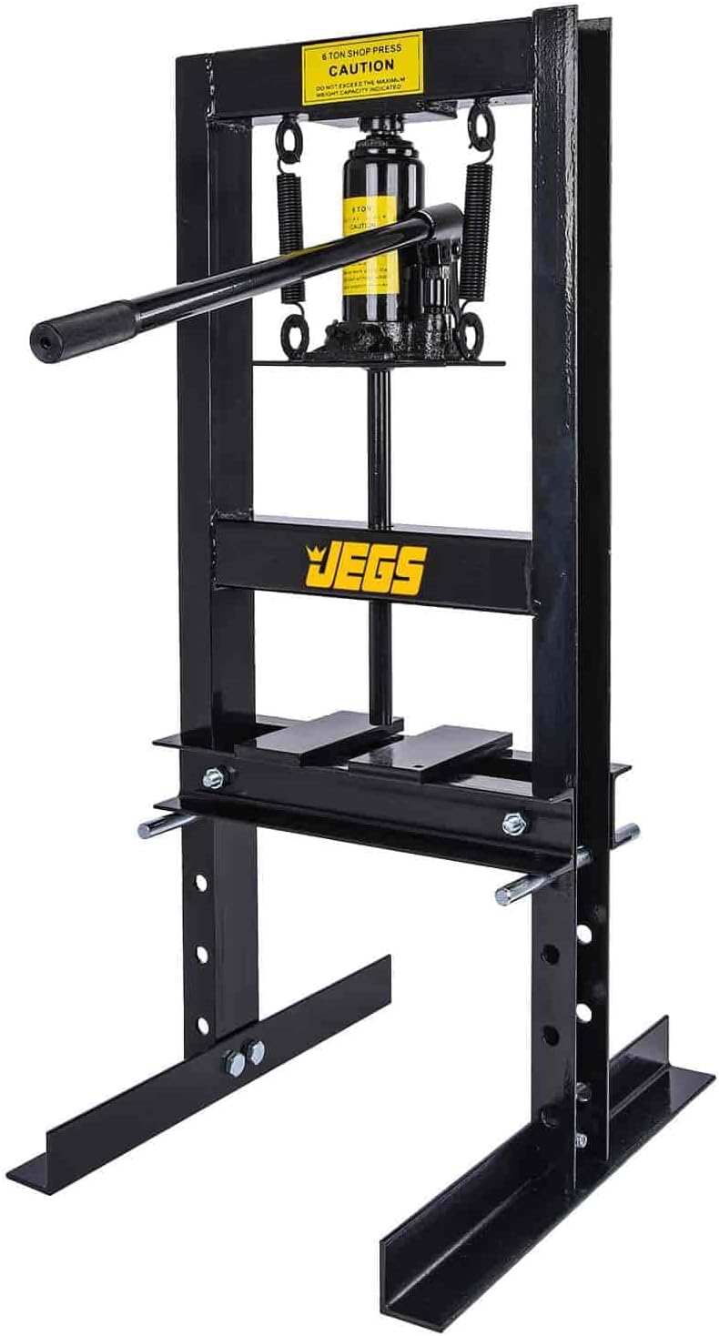 JEGS 6 Ton Hydraulic Shop Press - Lever-Action, Bench Top Hydraulic Press - Up to 18-Inch Working Range - Includes 2 Press Plates - Back Steel with JEGS Logo