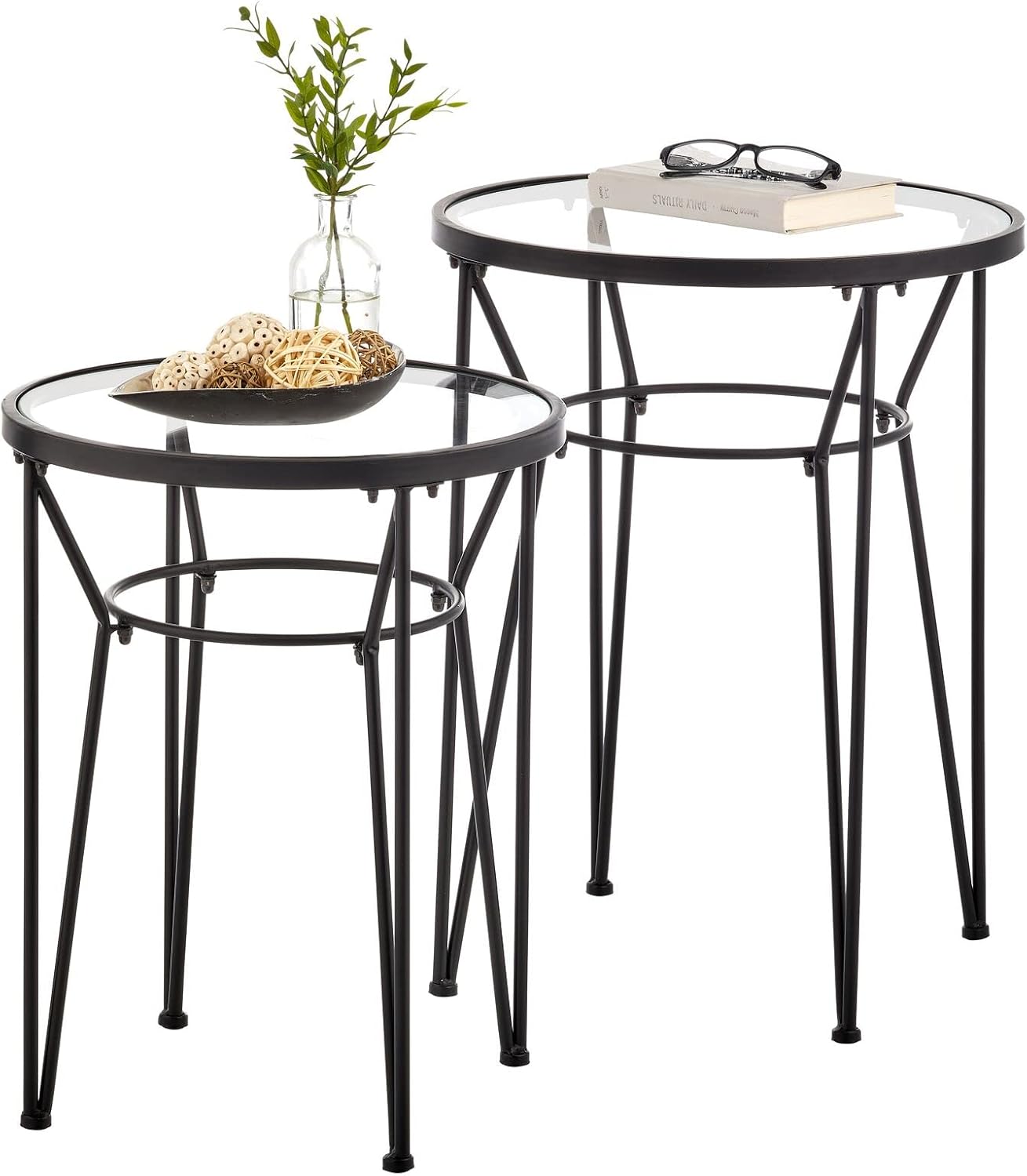 mDesign Round Metal & Marble in-Lay Accent Table with Hairpin Legs- Side/End Table - Decorative Legs, Marble Top - Home Decor Accent Furniture for Living Room, Bedroom - 2 Pack - Soft Brass/Marble