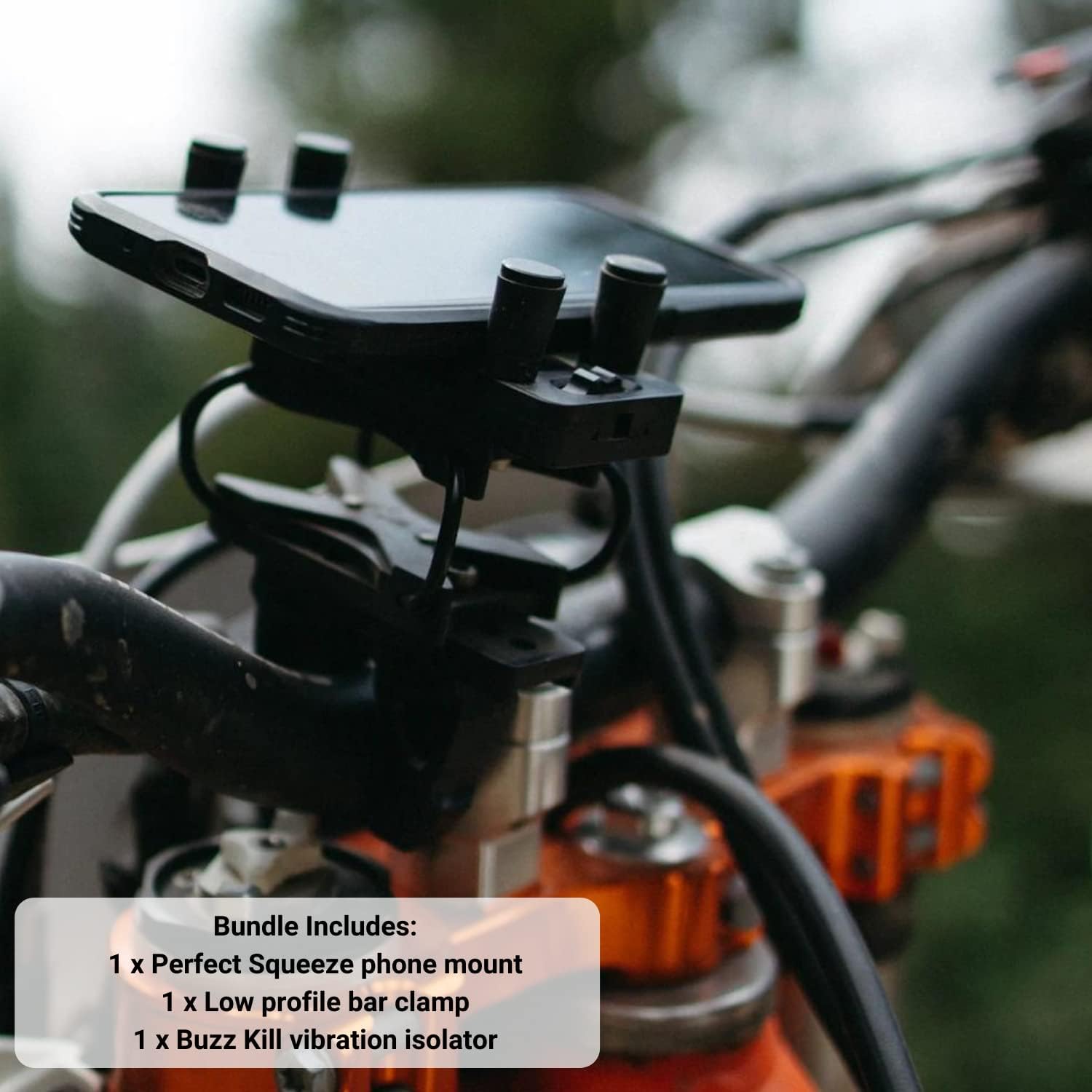 Hondo Garage Perfect Squeeze Motorcycle Phone Mount, Handlebar Clamp and Buzz Kill Vibration Isolator Bundle | Off-Road Single-Cylinder Dirt Bike Phone Mount | All Metal CNC Machined | Made in The USA