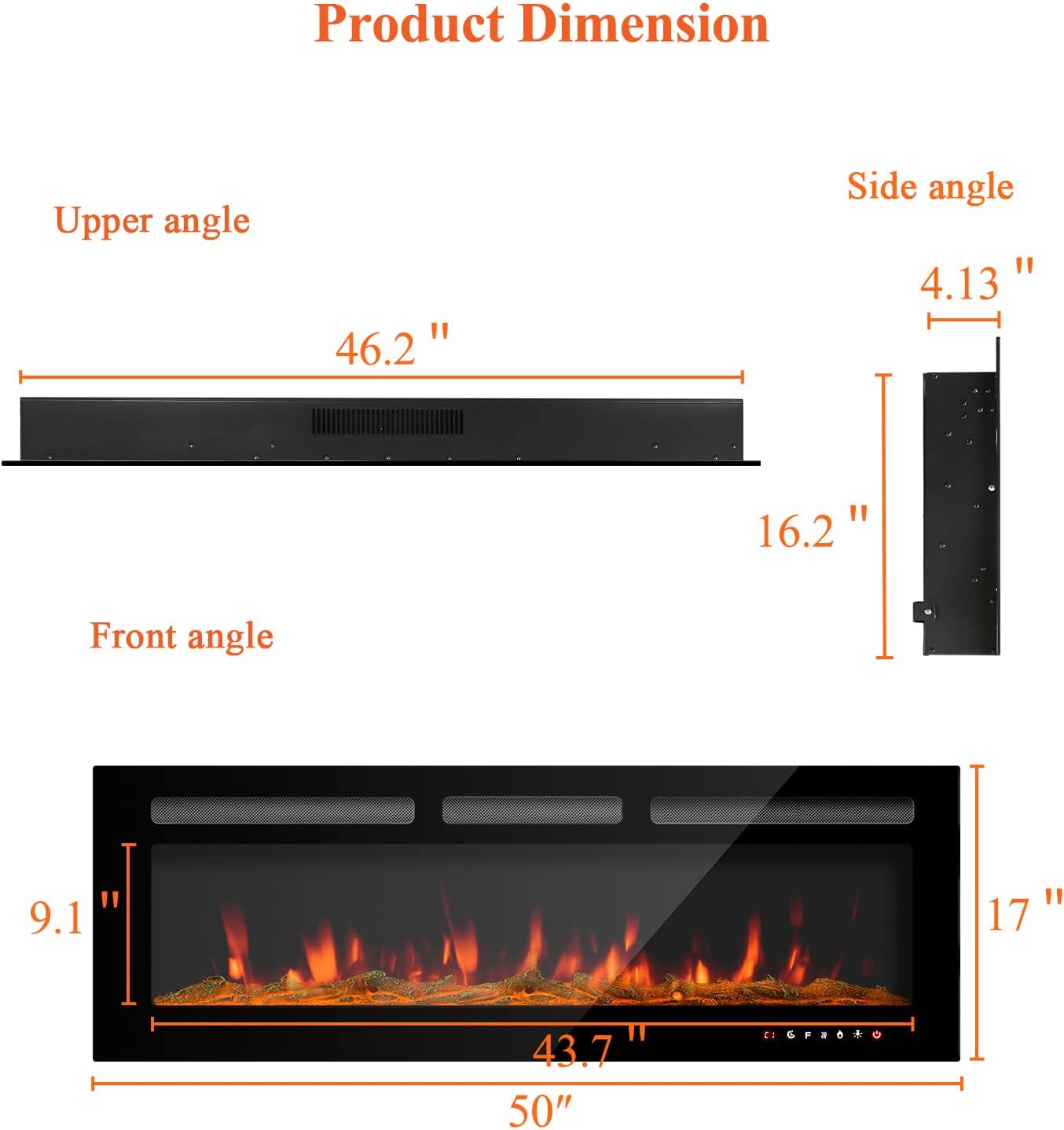 New Electric Fireplace, 50 Inch Recessed and Wall Mounted Fireplace Low Noise, Adjustable 12 of Flame and 5 Brightness Settings & Speed, Touch Screen Remote Control with Timer