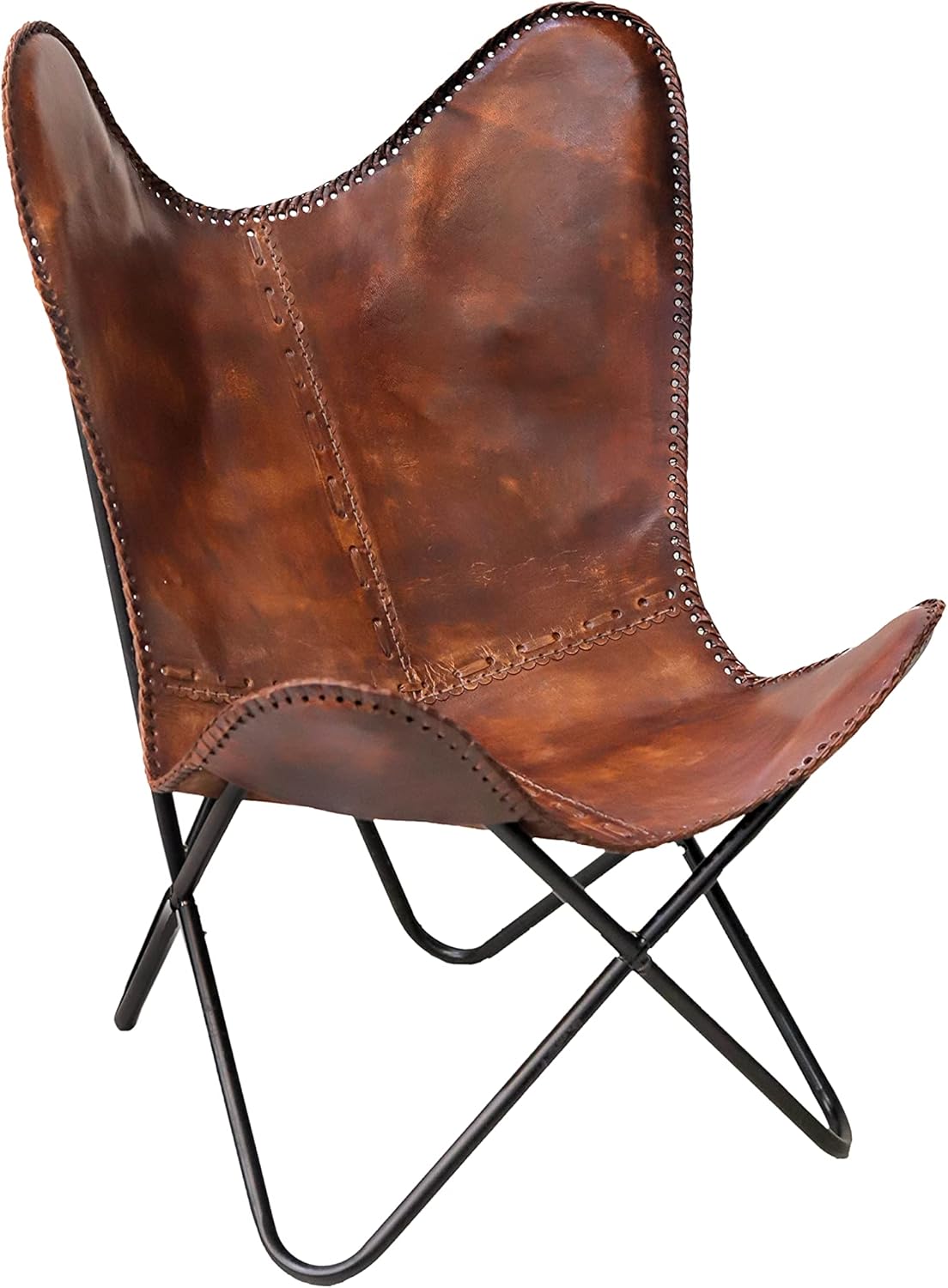 Classy Handmade Dark Brown Leather Butterfly Chair Living Room- Side Hand Stich Leather Chair-Handmade with Powder Coated Folding Black Iron Frame (Cover with Folding Frame)