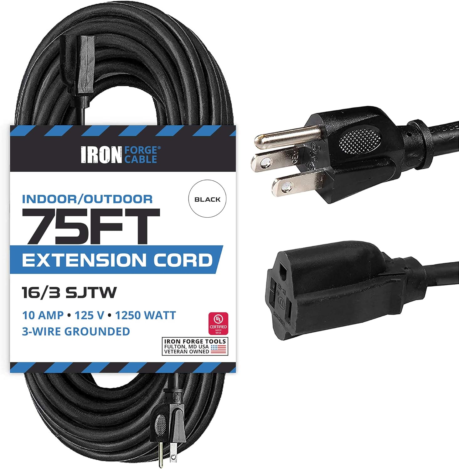 Iron Forge Cable 75 Ft Outdoor Extension Cord - 16/3 SJTW Durable Black Electrical Cable