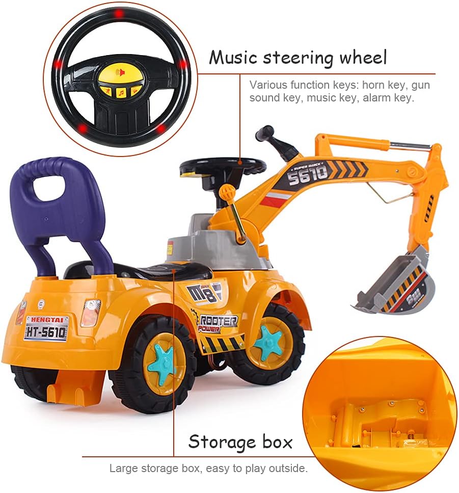 Hitish Ride-on Excavator Car, Full Functional Ride On Excavator Walker Sliding Digger Construction Vehicles Tractor Toy, Pretend Play Riding Digger Scooter with Sounds & Lights