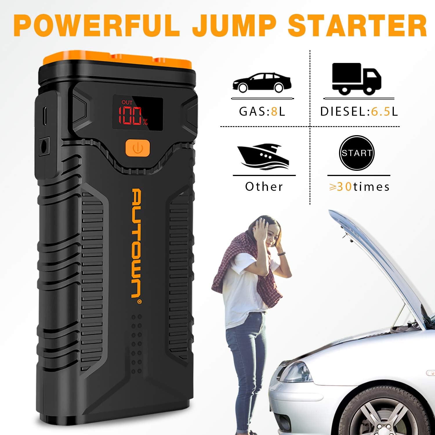 Jump Starter, AUTOWN 1000A Peak 21000mAh Car Battery Charger with Quick Charge 3.0, 12V Auto Battery Booster Portable Power Pack with Built-in LED Light