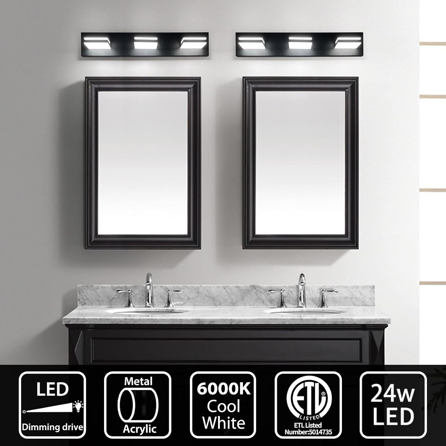 OKELI Black Bathroom Light Fixtures,3 Light Modern Bathroom Lights Over Mirror , 360&deg; Rotatable LED Lamp Head Vanity Lights for Bathroom Dimmable 6000K Cool White, 24W ETL Listed Number: 5014735