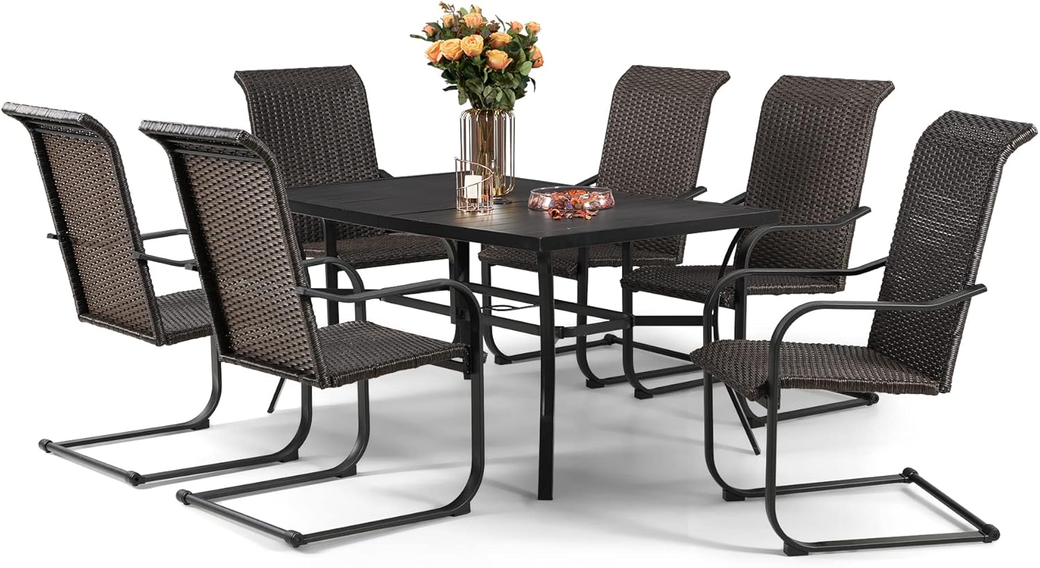 Sophia & William Patio Dining Set 7 Piece with 6 Extra-Large & High Back Swivel Rattan Chairs and 1 Black Patio Dining Table, Umbrella Hole: 1.57