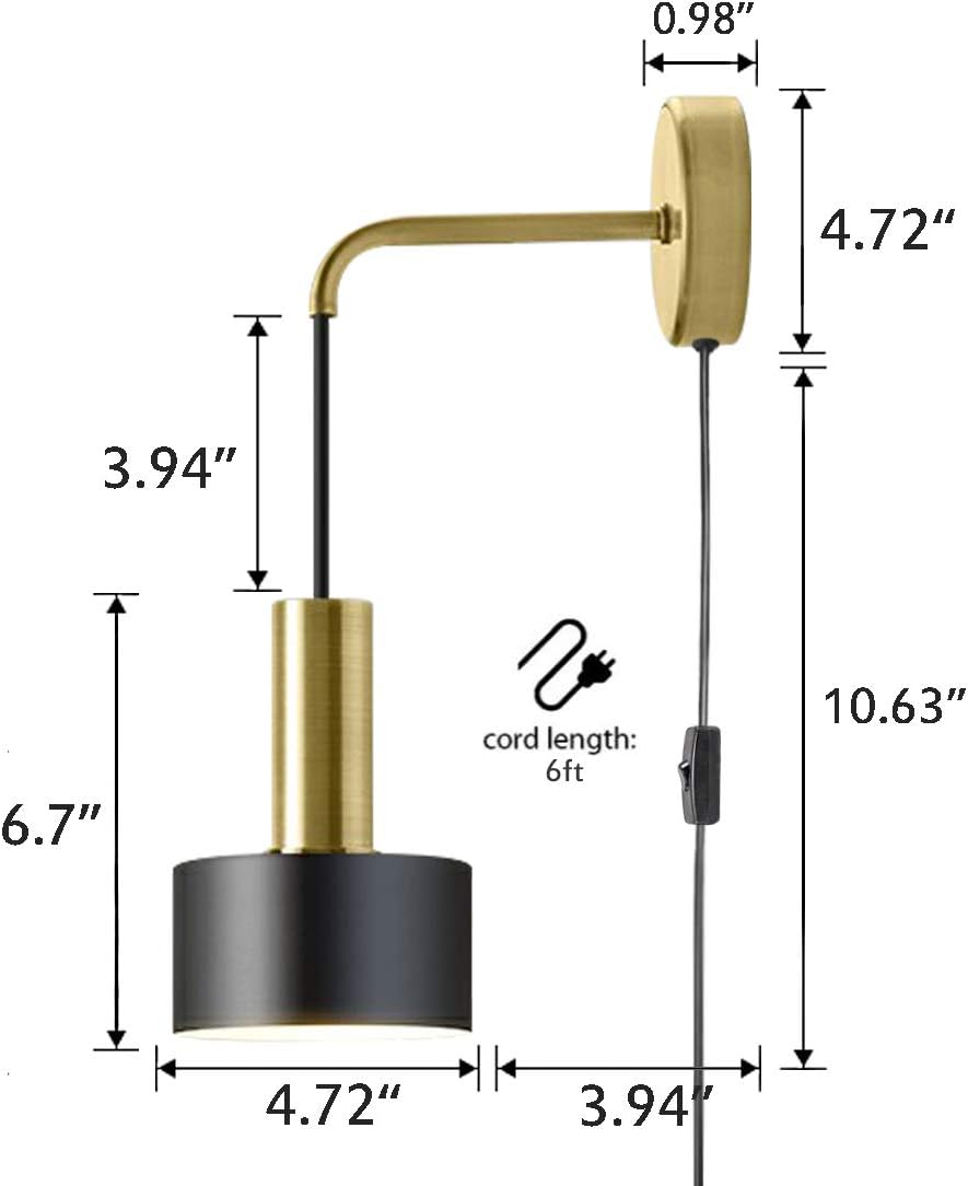 Kiven 1-Light Mid Century Modern Wall Light,Matte Brass,Matte Black Shade,Cord Length Adjustable