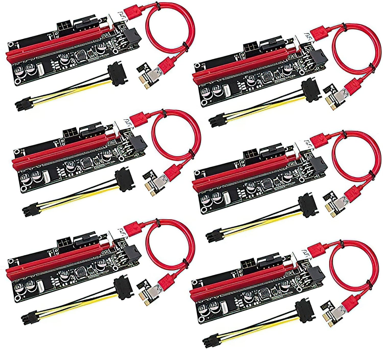 PCIE Riser 1X to 16X Graphics Extension for GPU Mining Powered Riser Adapter Card, 60cm USB 3.0 Cable, 4 Solid Capacitors, Two 6PIN and Molex 3 Power Options (VER, 009S, 6-Pack) Pack of 2